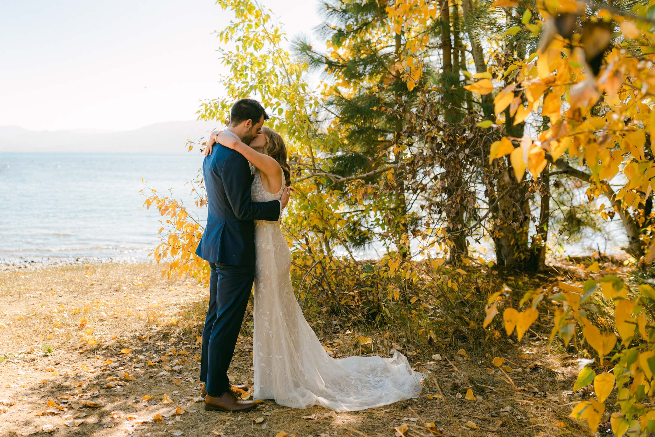 Fall Lake Tahoe wedding, photo of couple's first kiss 