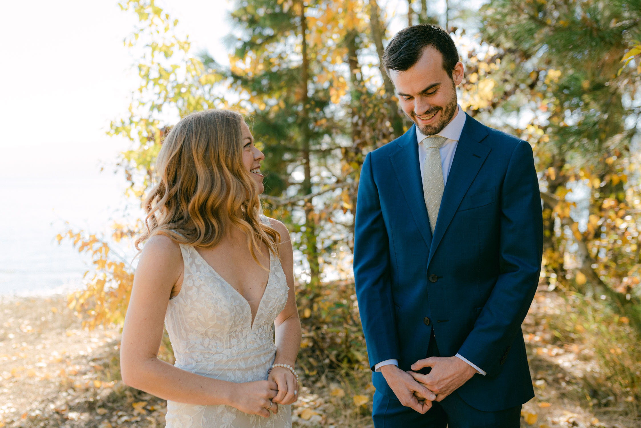 Fall Lake Tahoe wedding, candid photo of couple
