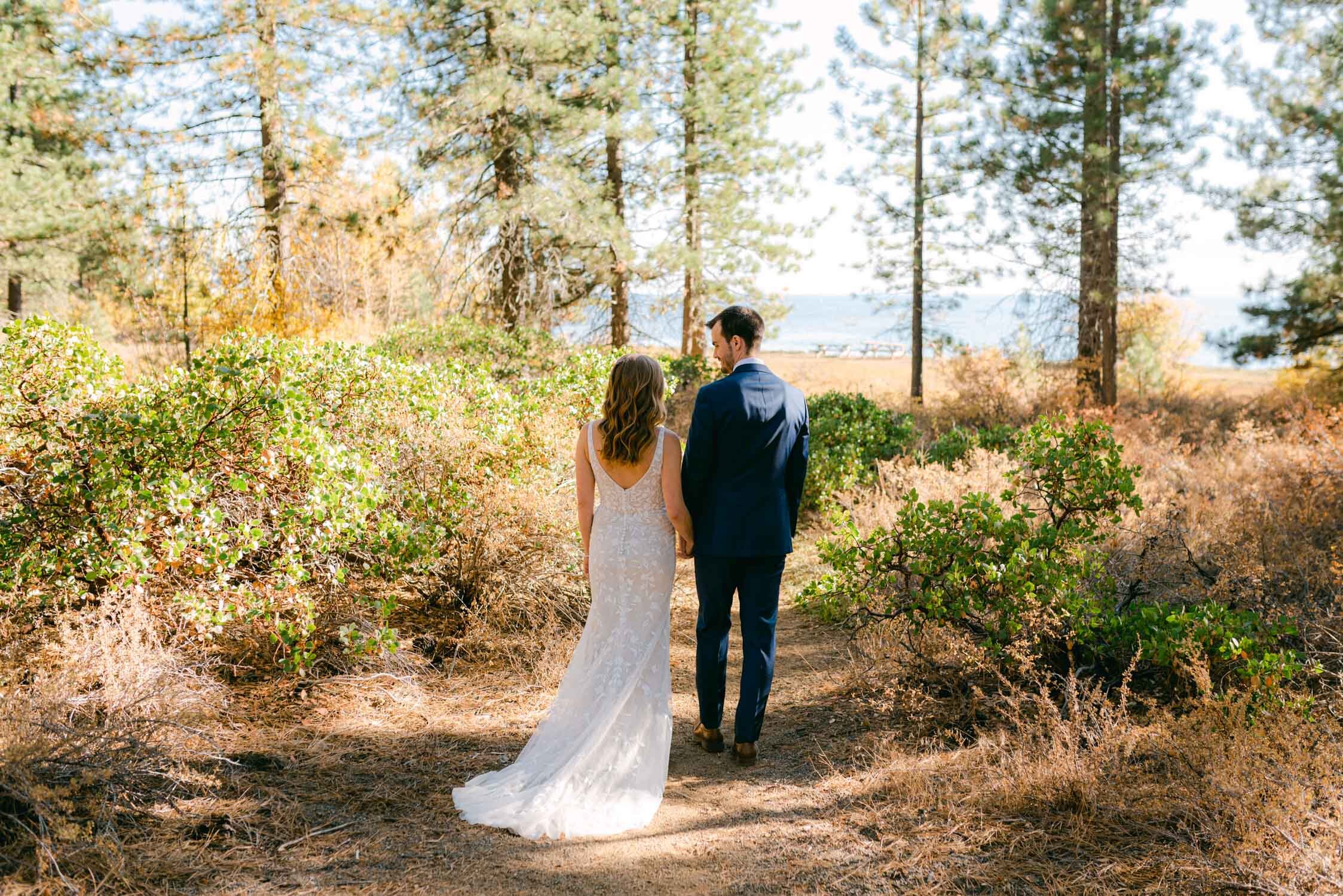 Fall Lake Tahoe wedding, photo of couple looking at the lake