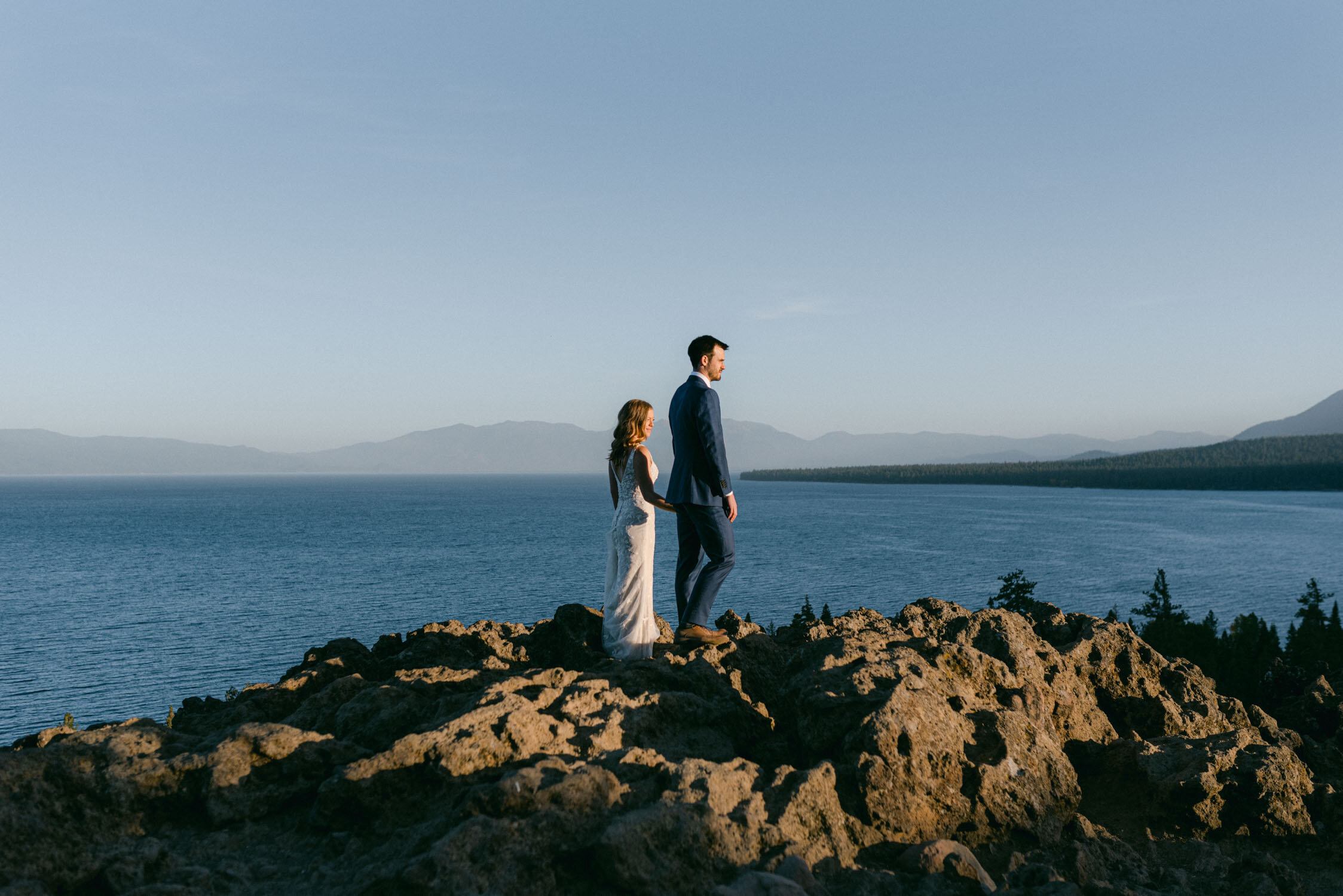 Fall elopement in Lake Tahoe, photo of couple overlooking tahoe
