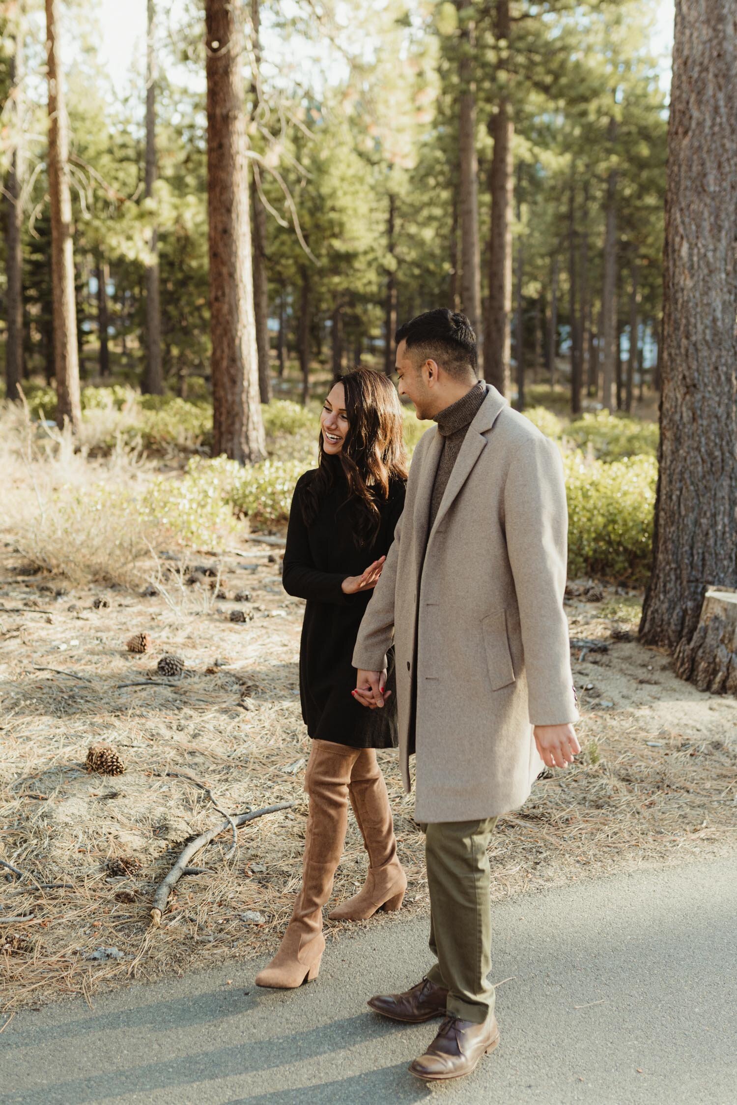 Lake Tahoe Proposal, photo of couple walking by the forest
