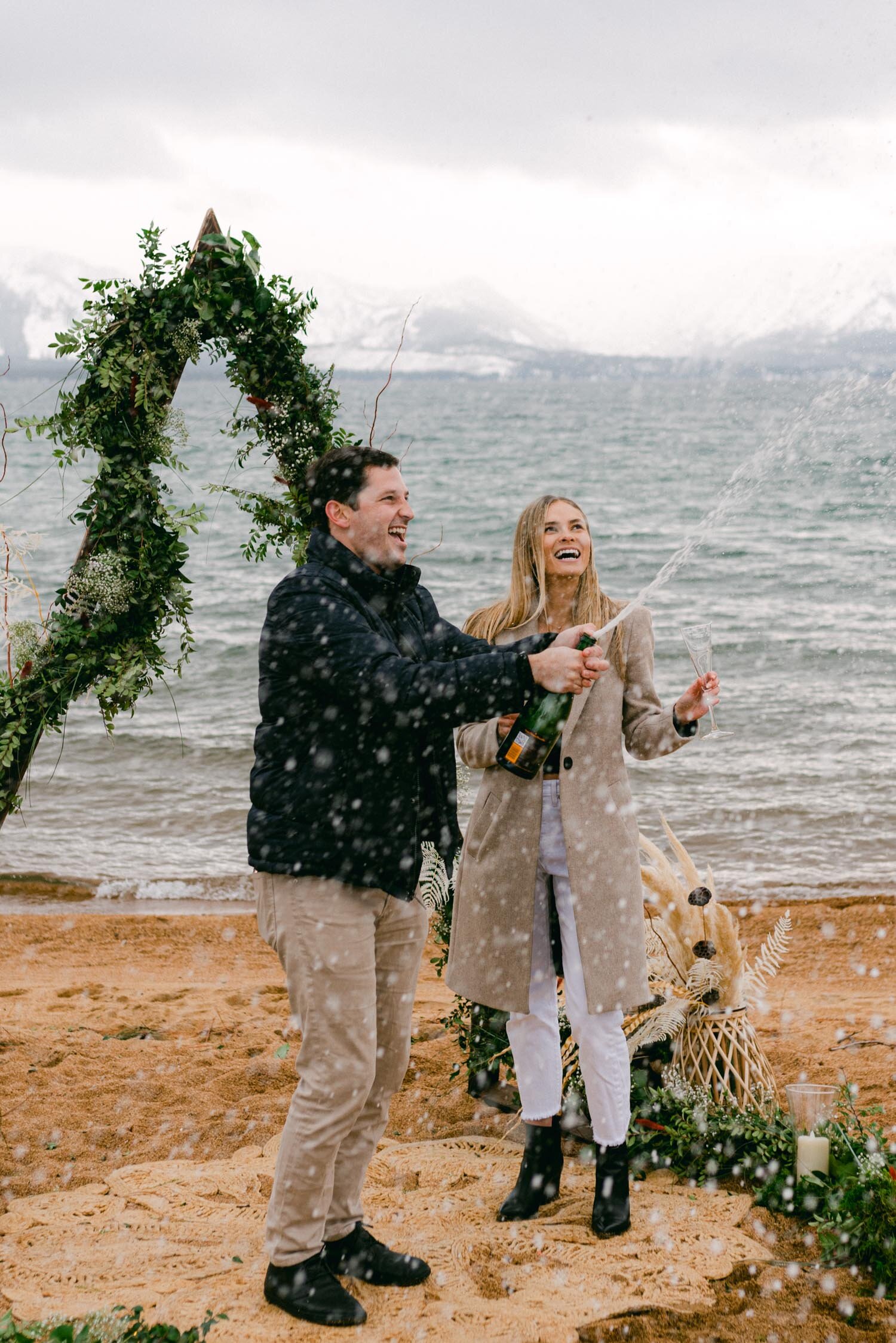 Lake Tahoe Proposal at Edgewood, champagne pop for the photo