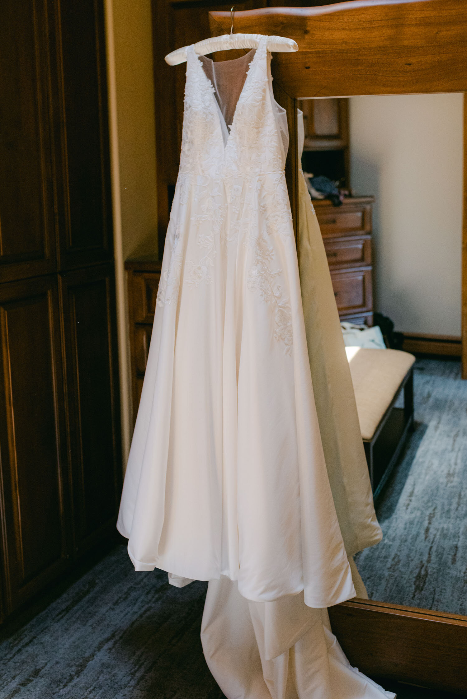 Tahoe Blue Estate Wedding photo of bride's dress for the western ceremony