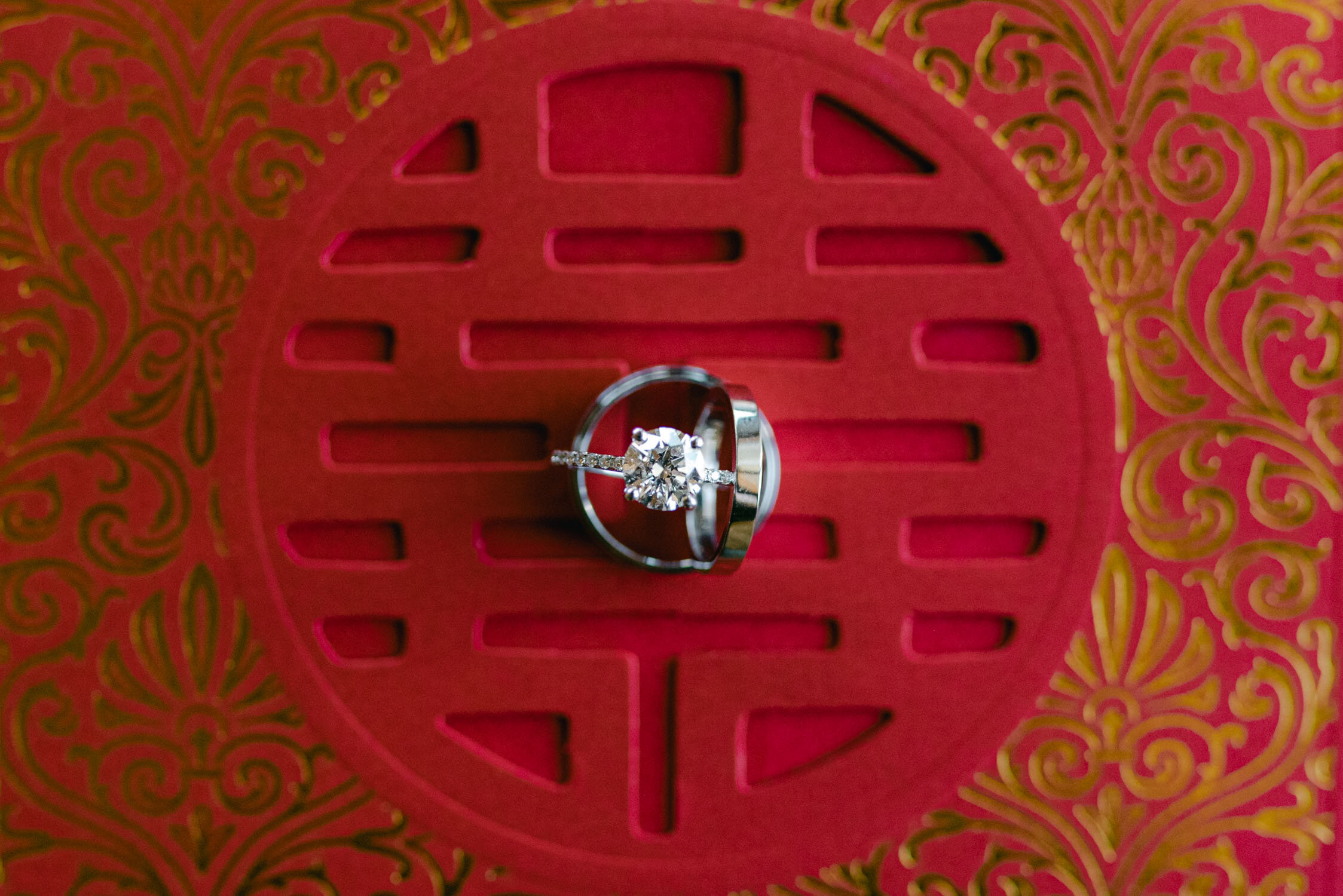 Tahoe Blue Estate Wedding photo of the rings on top of a Chinese wedding invitation