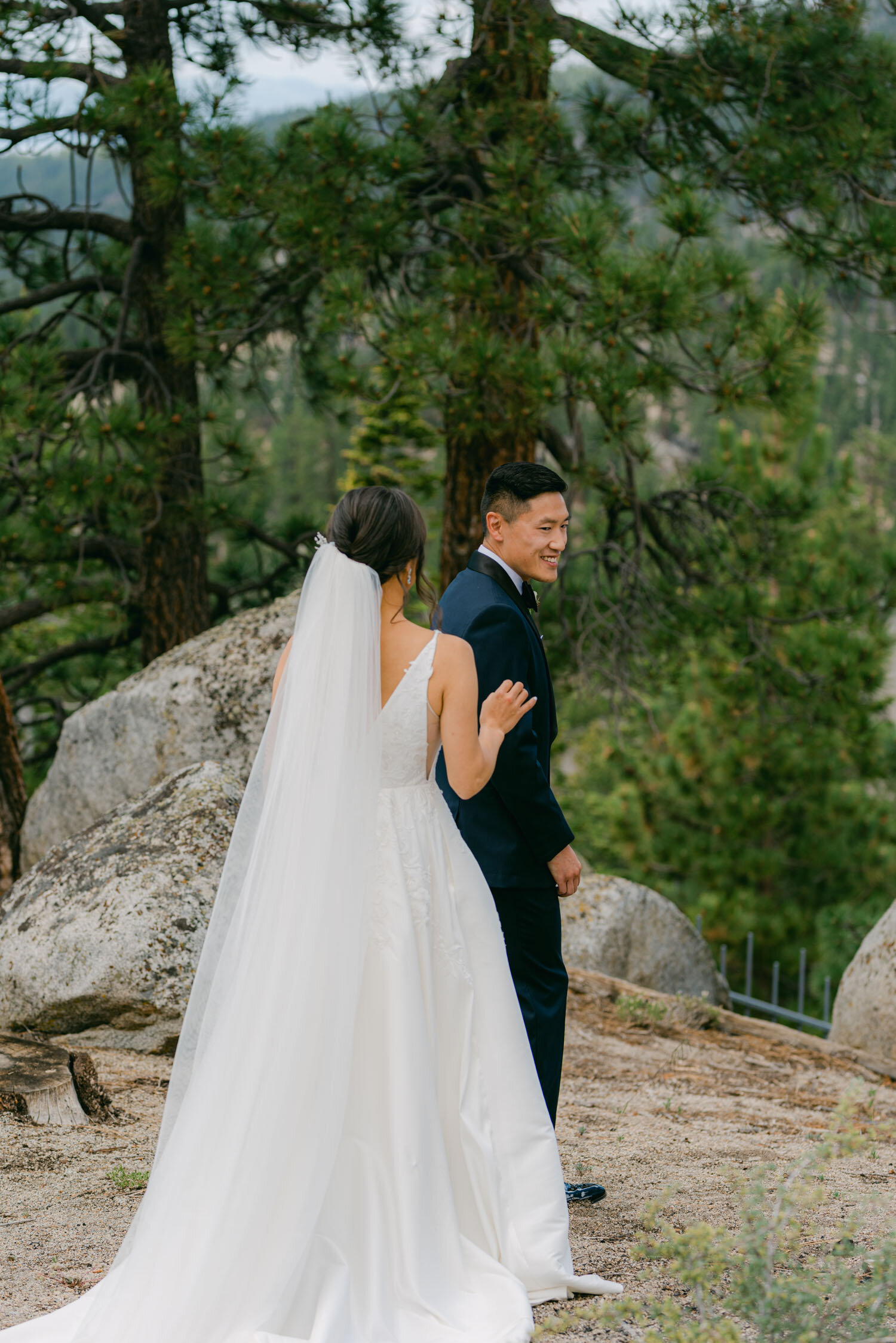 Tahoe Blue Estate Wedding photo of a first look in the forest