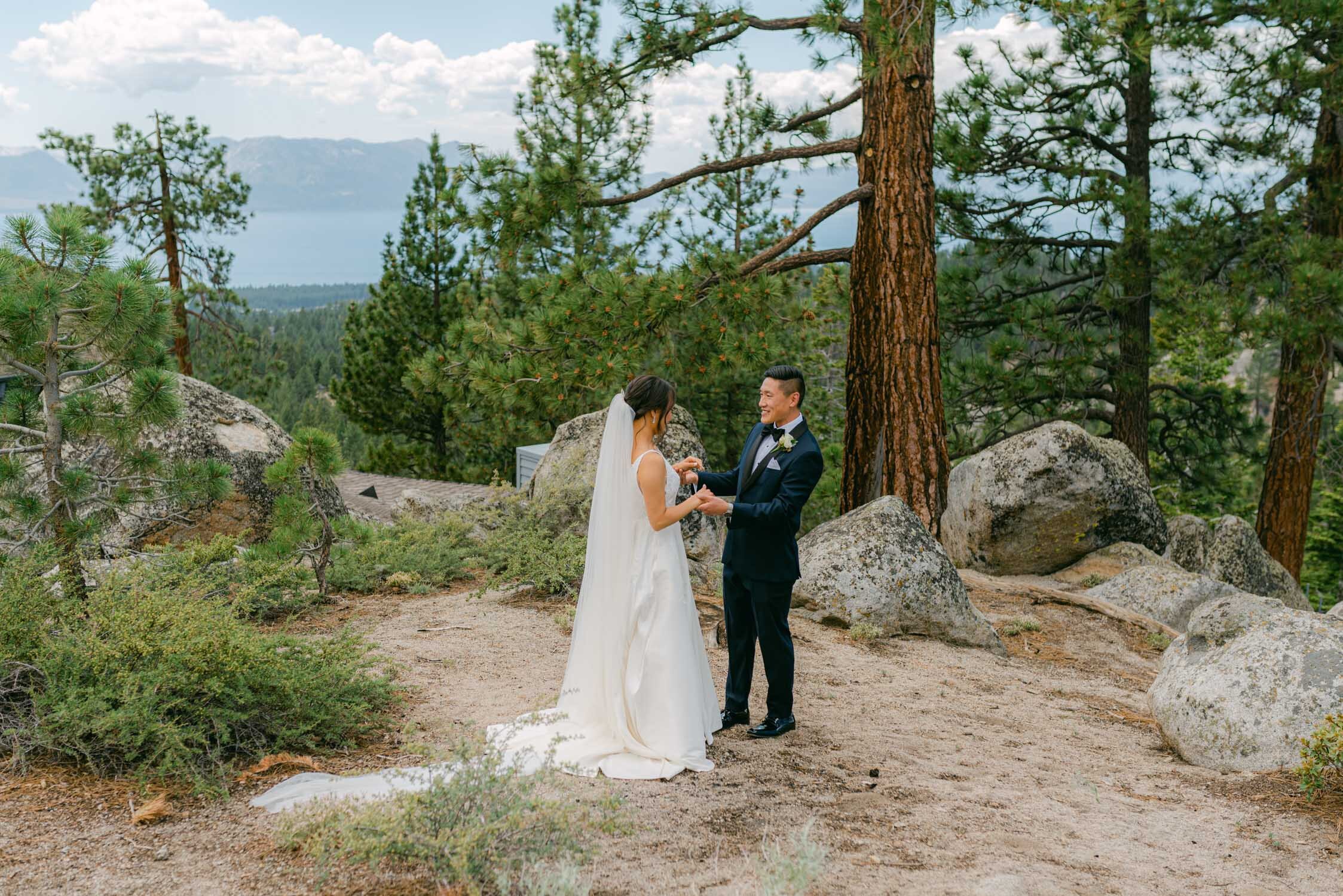 Tahoe Blue Estate Wedding photo of couple during their first look