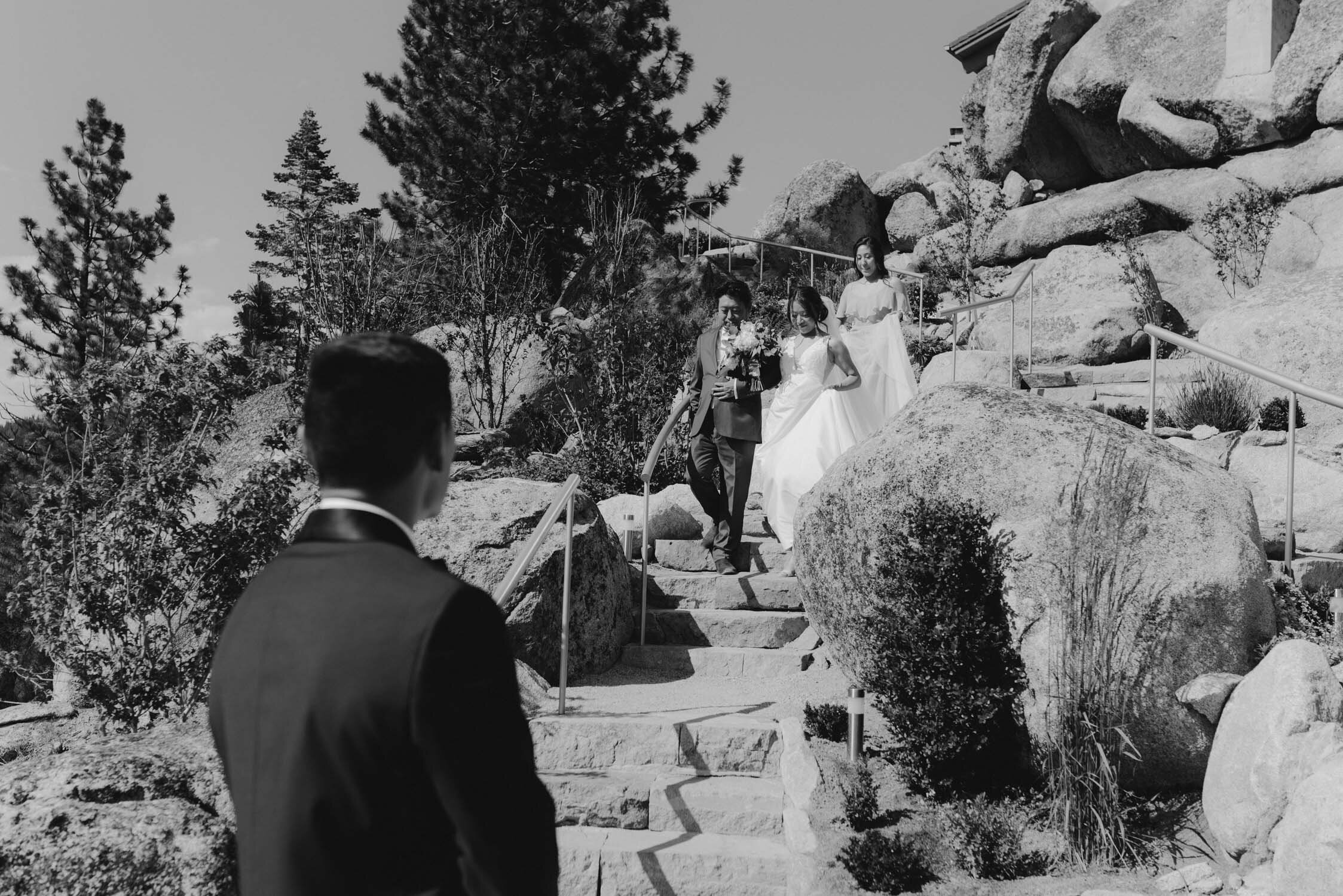 Tahoe Blue Estate Wedding, photo of bride walking down the aisle 