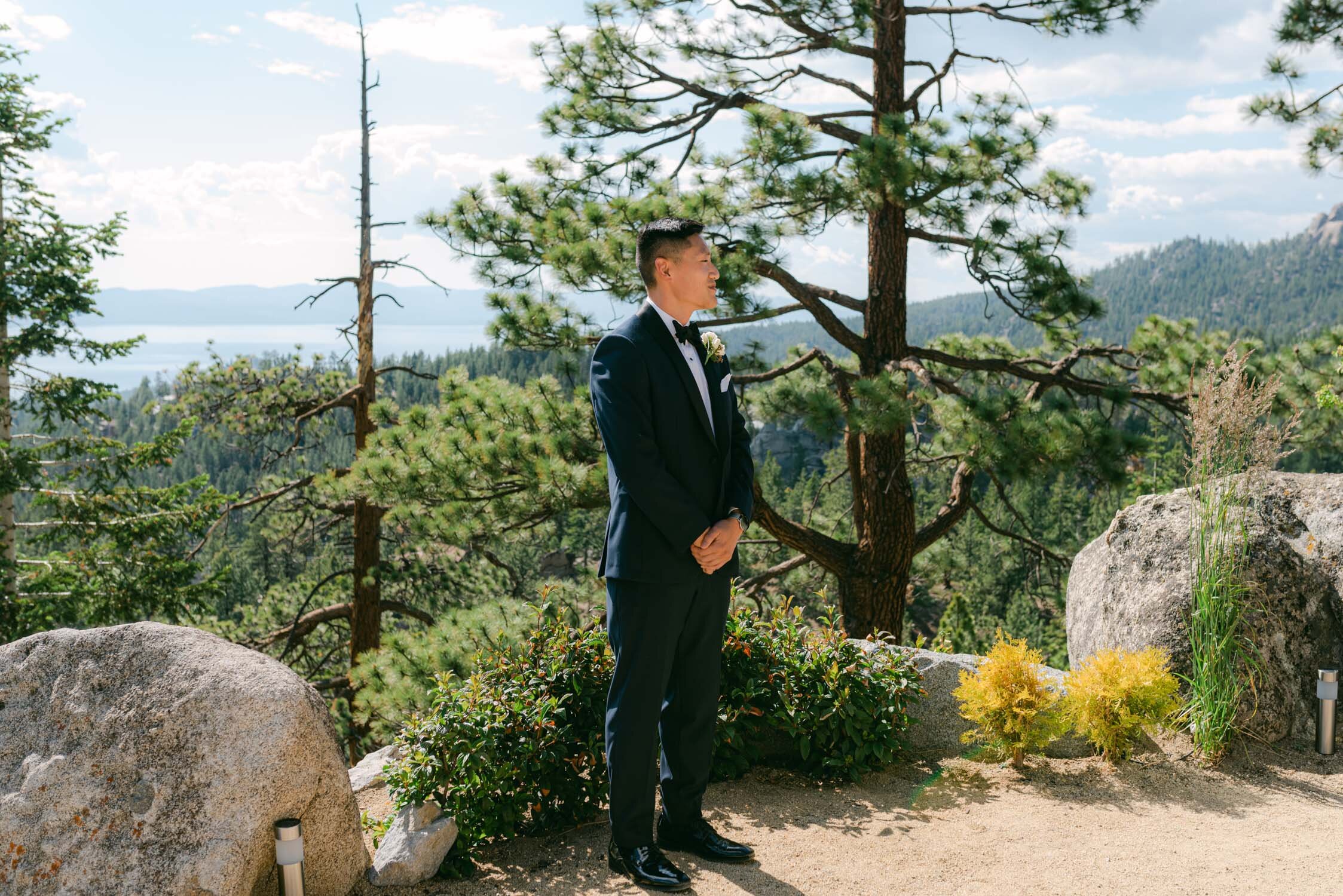 Tahoe Blue Estate Wedding, photo of groom watching the bride walk down the aisle