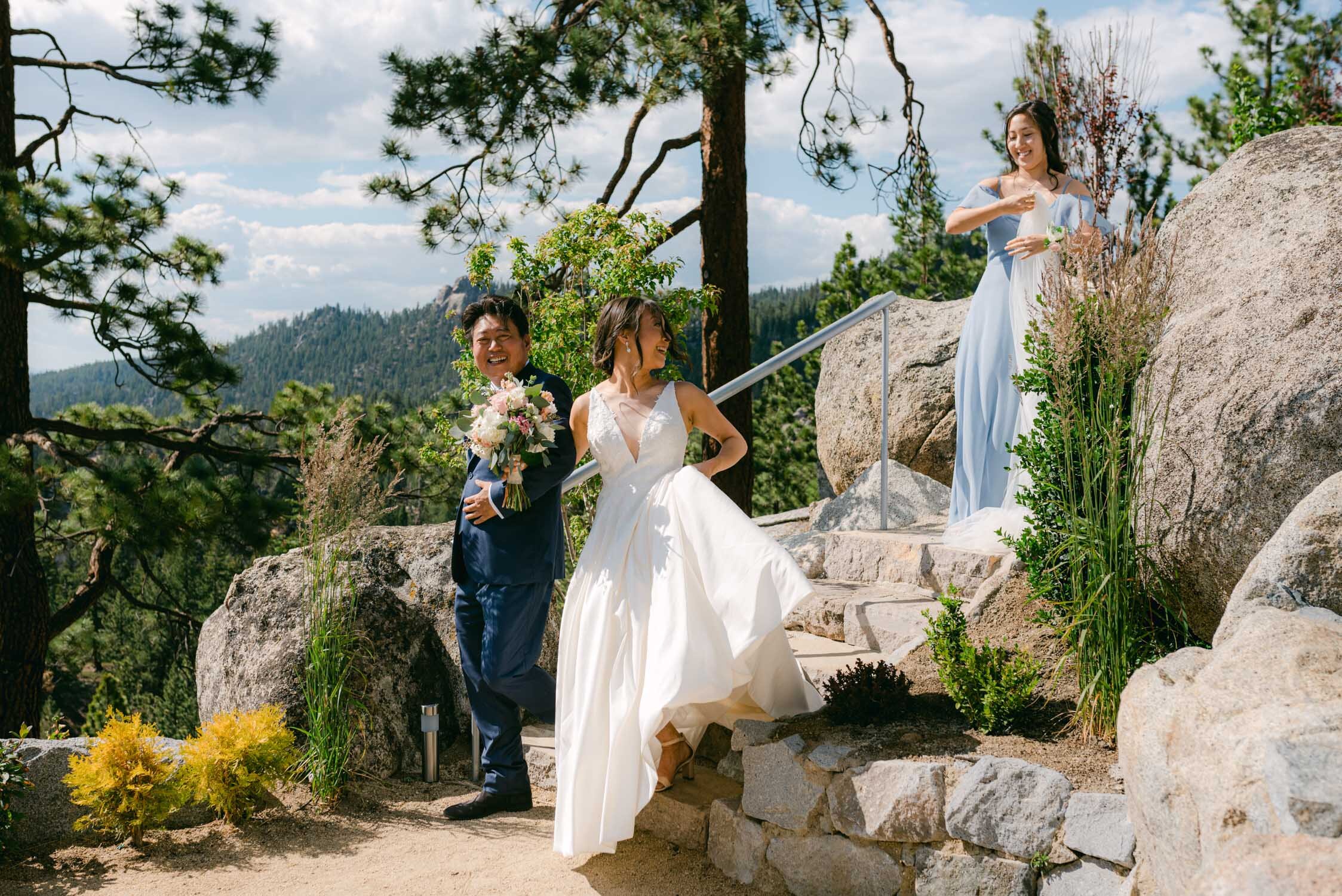 Tahoe Blue Estate Wedding, photo of bride's veil falling