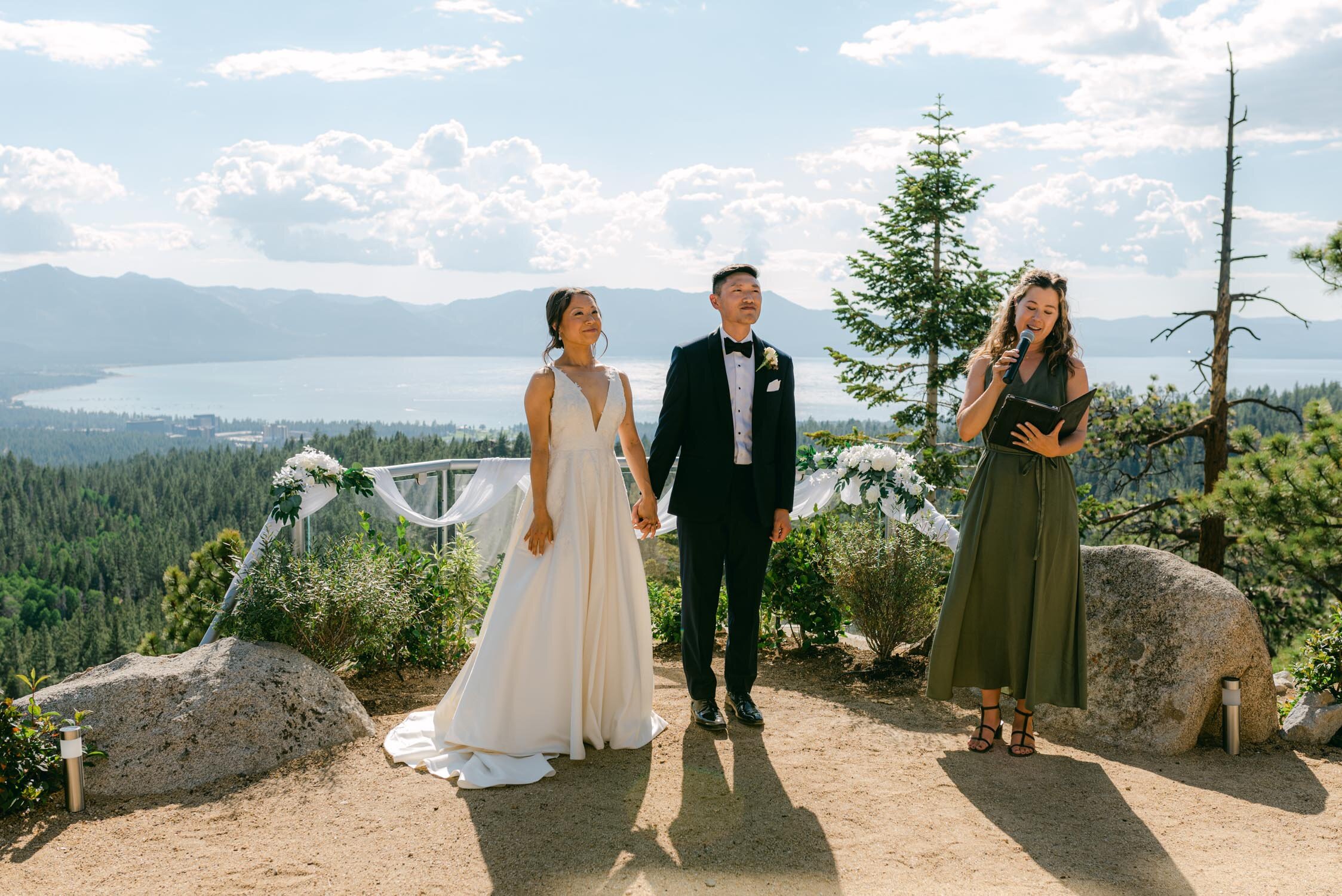 Tahoe Blue Estate Wedding, photo of couple looking at their guests during the ceremony