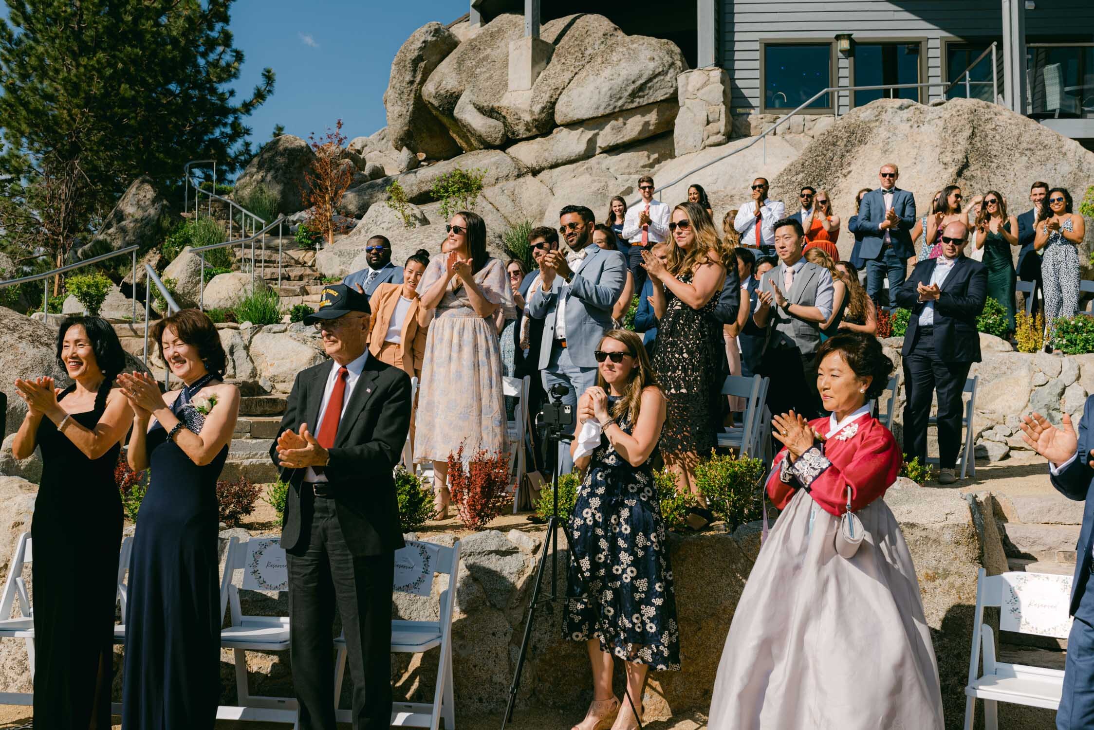 Tahoe Blue Estate Wedding, photo of guests cheering 
