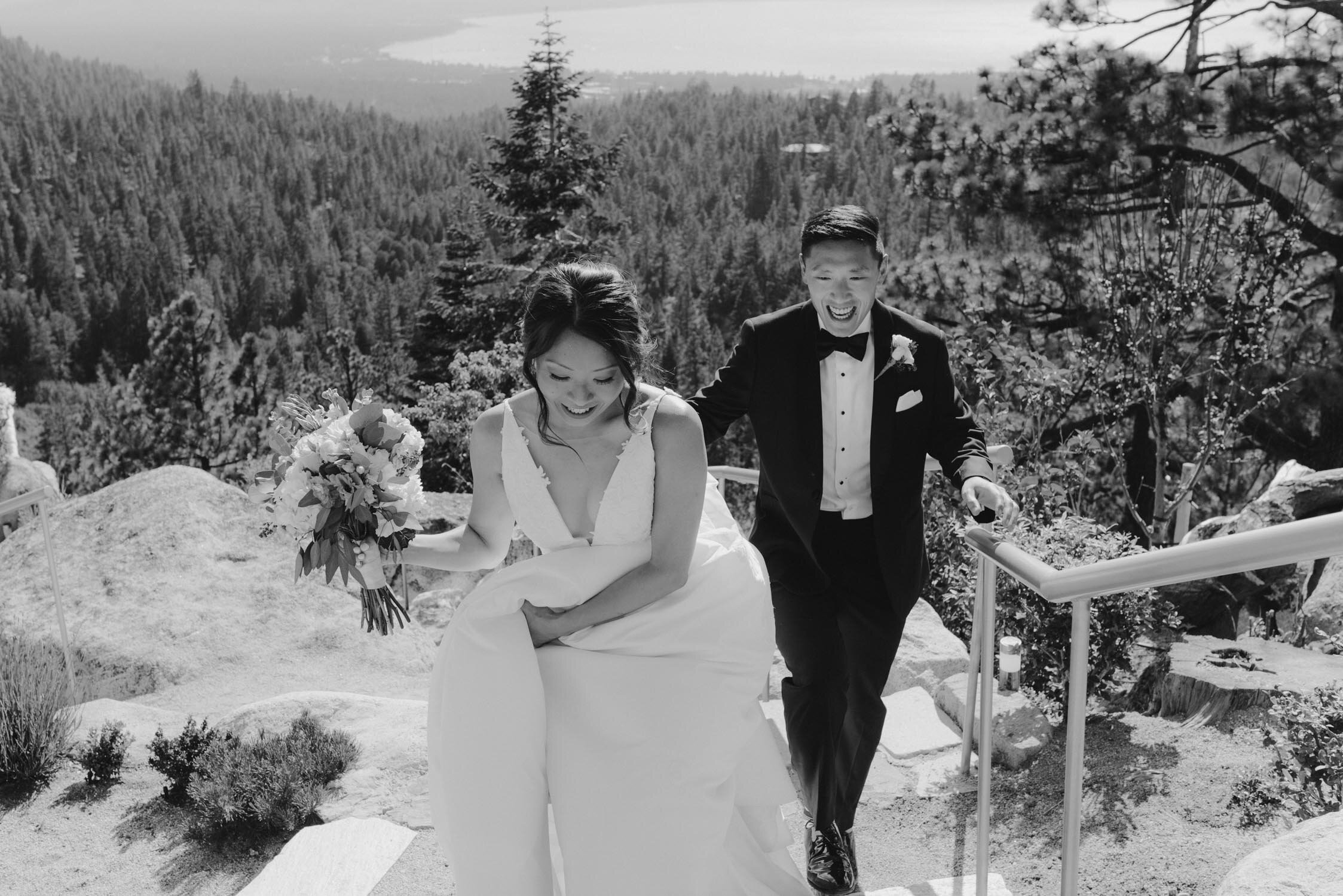 Tahoe Blue Estate Wedding, photo of couple walking up the stairs