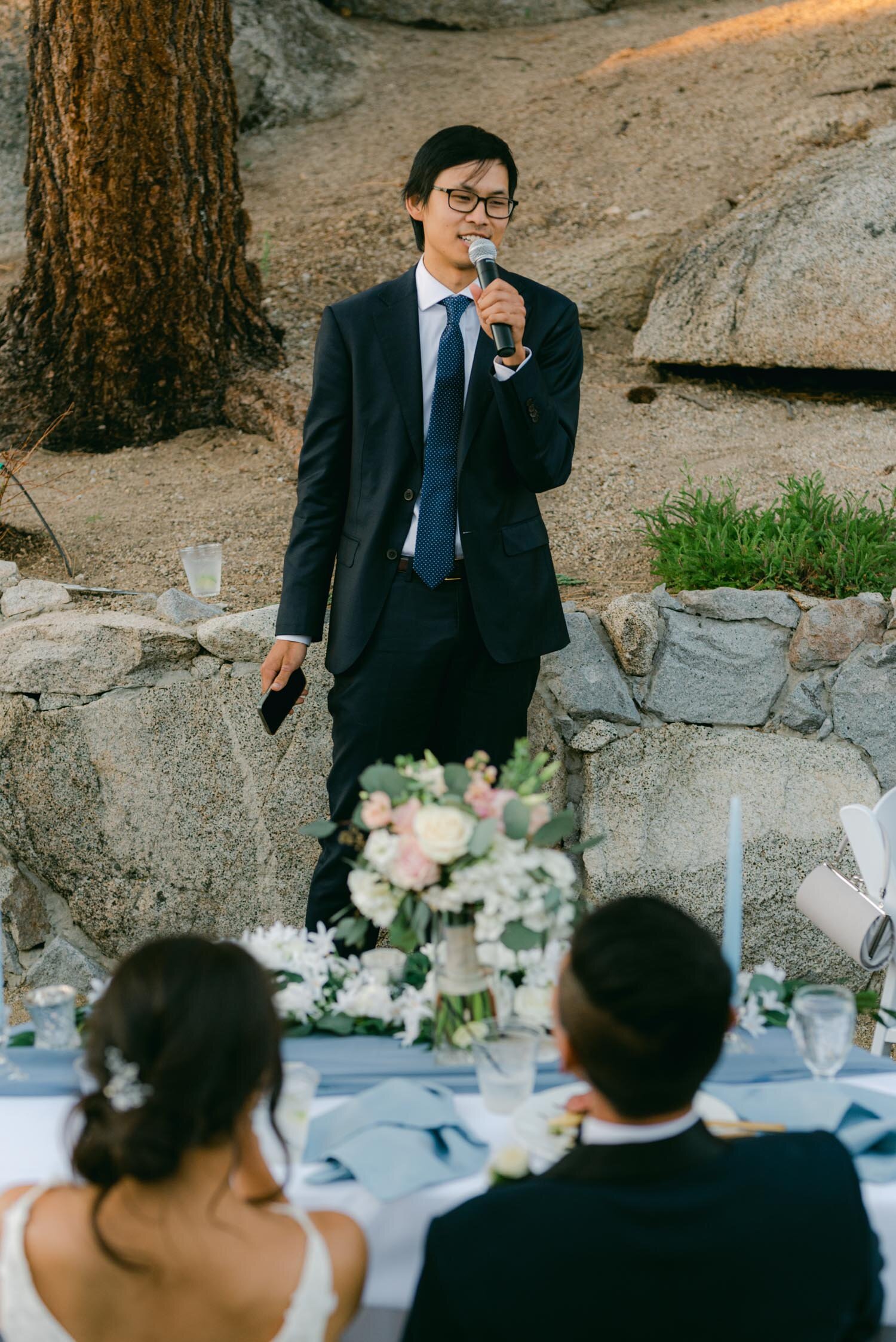 Tahoe Blue estate wedding photography, photo of a friend giving a funny toast