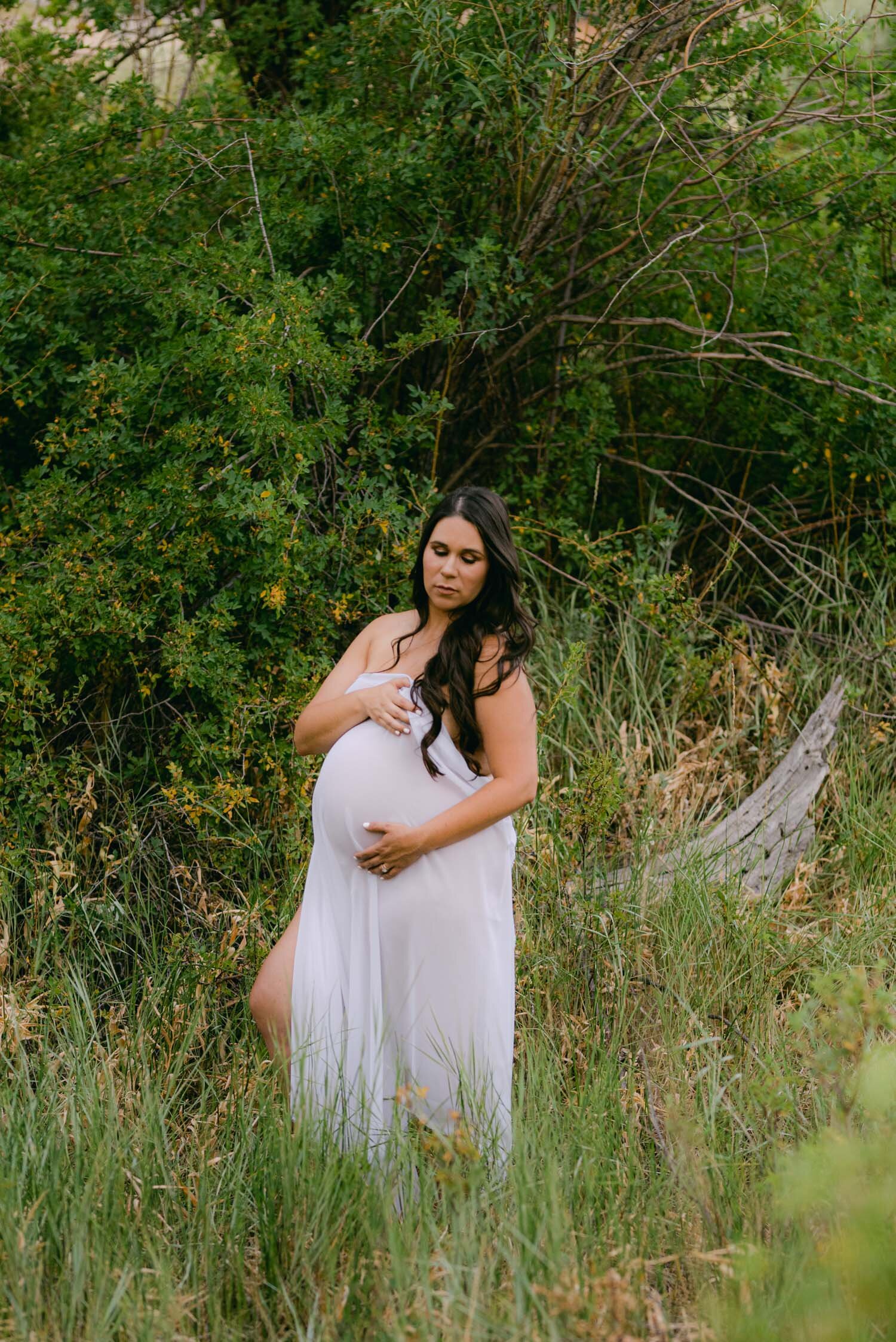 Maternity session in the meadows. Mom is wearing a white see through gown
