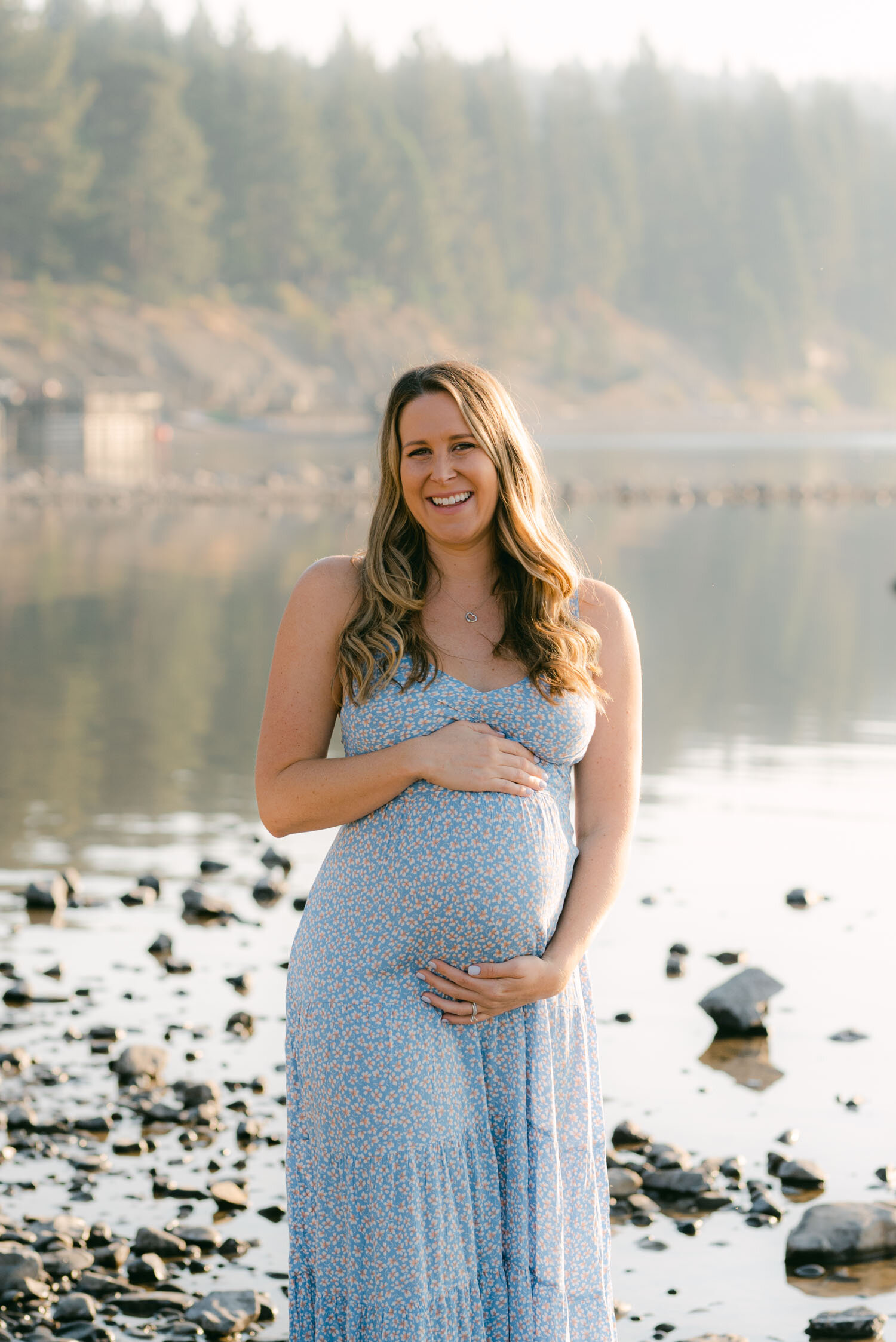 Lake Tahoe Maternity Session, photo of mom-to-be smiling at the camera