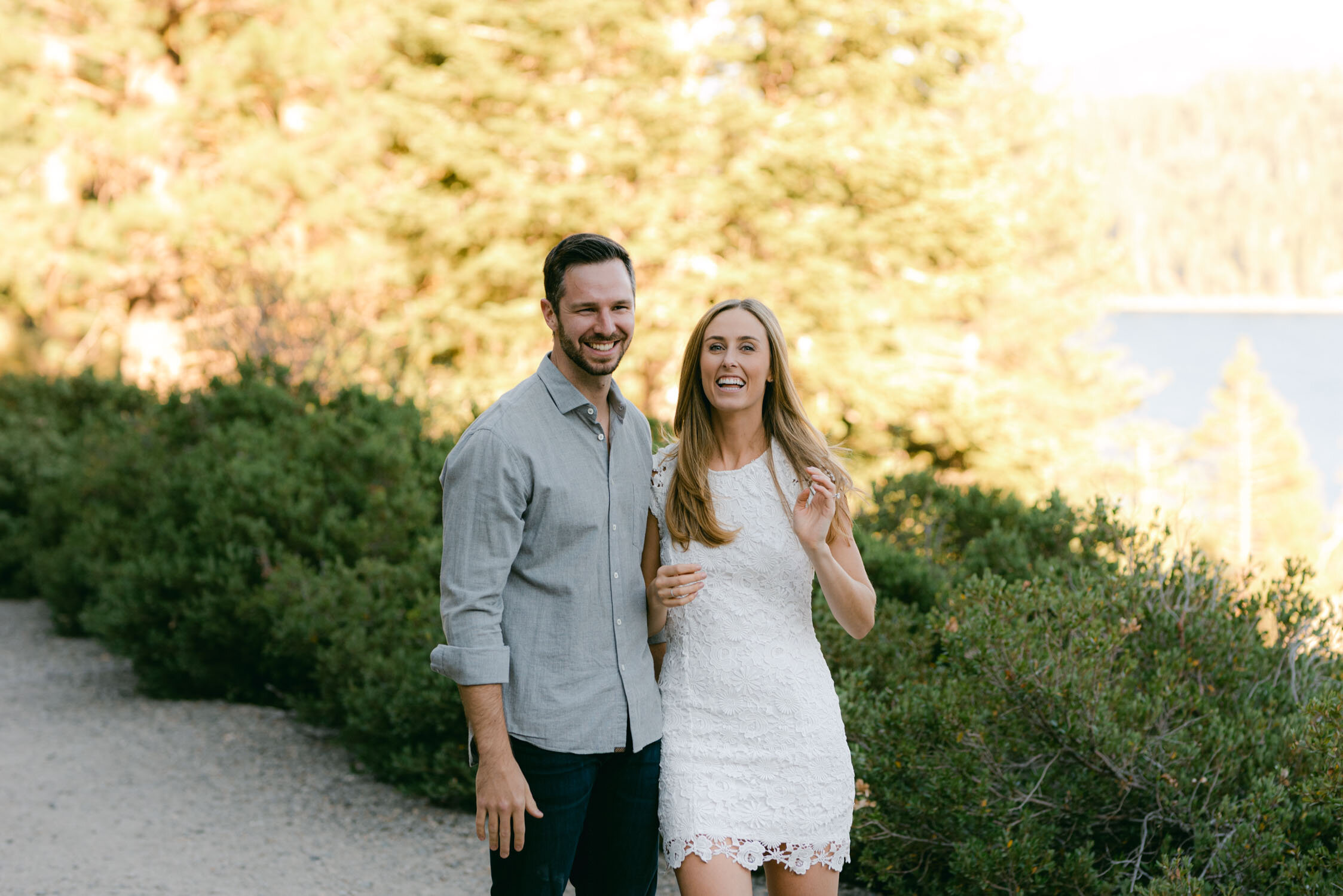 Emerald Bay engagement photoshoot, photo of a couple smiling at the camera