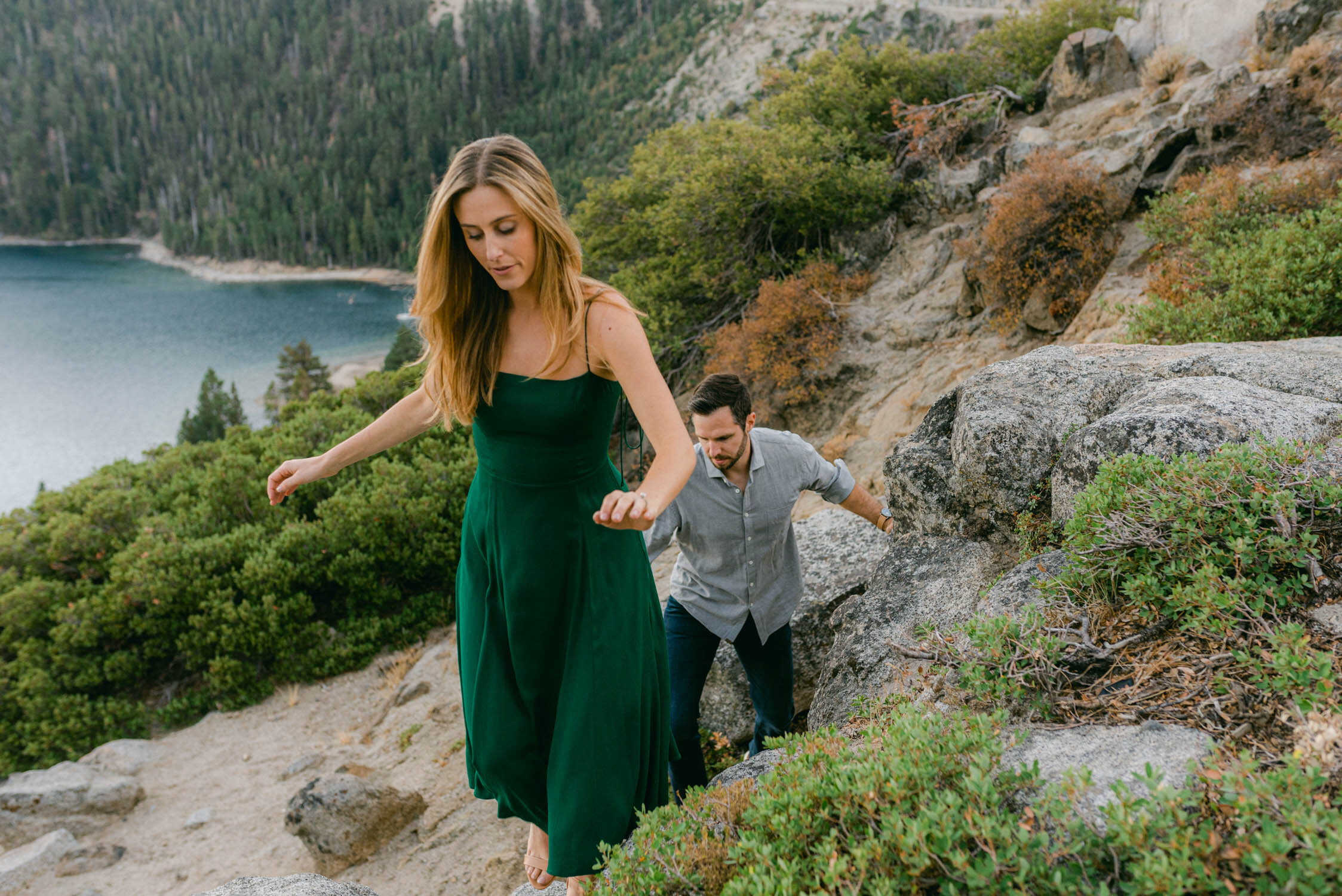 Emerald Bay engagement photoshoot, photo of a couple hiking