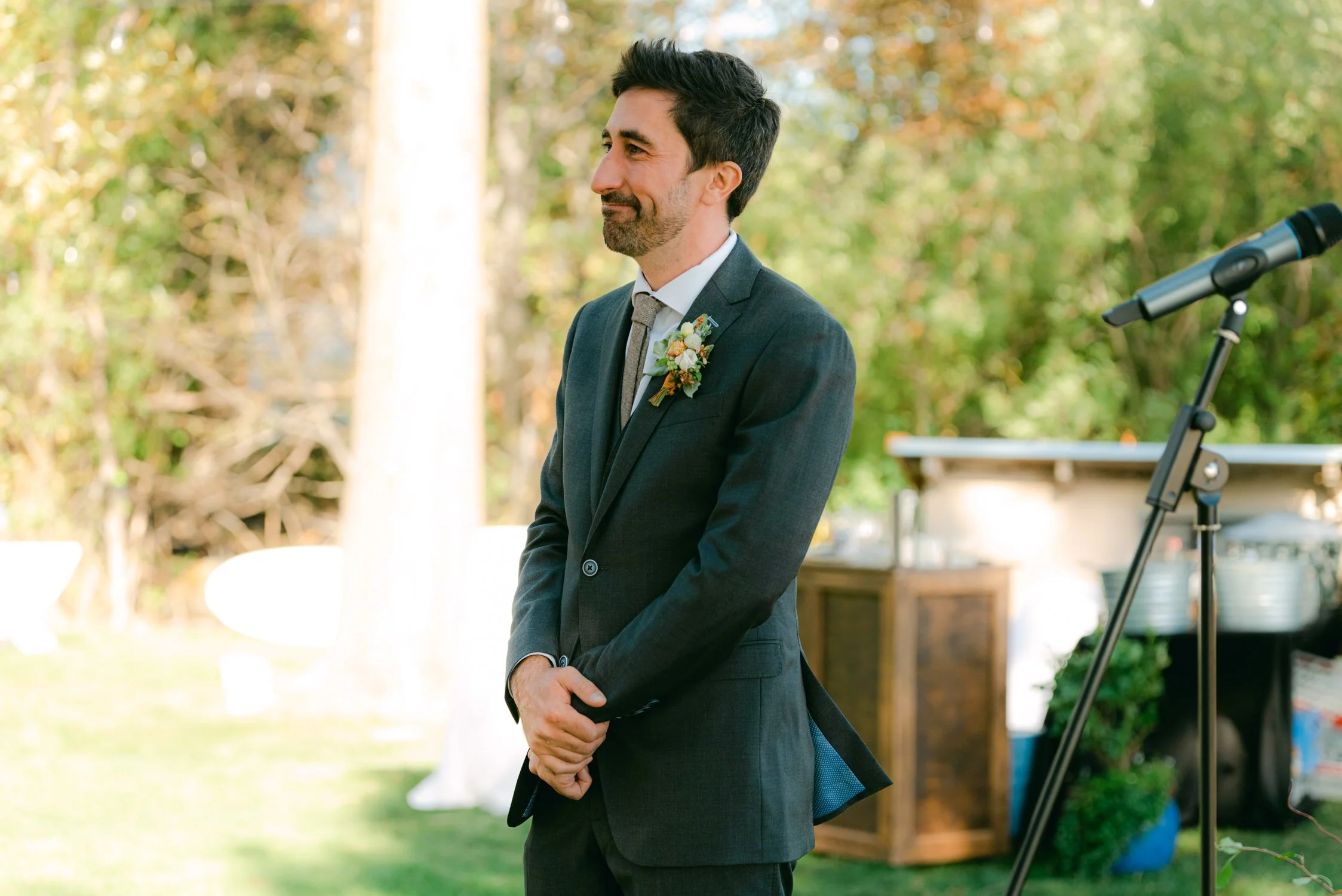 Lake Tahoe Private Estate Wedding, photo of groom's reaction to bride walking down the aisle 