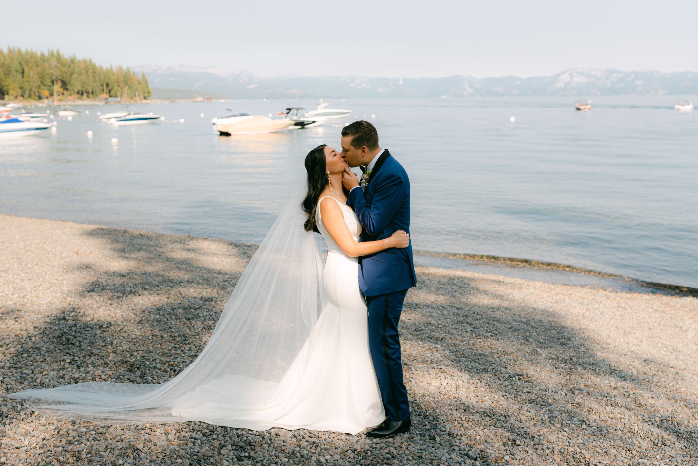 Sunnyside Tahoe Wedding, photo of couple in front of the beach