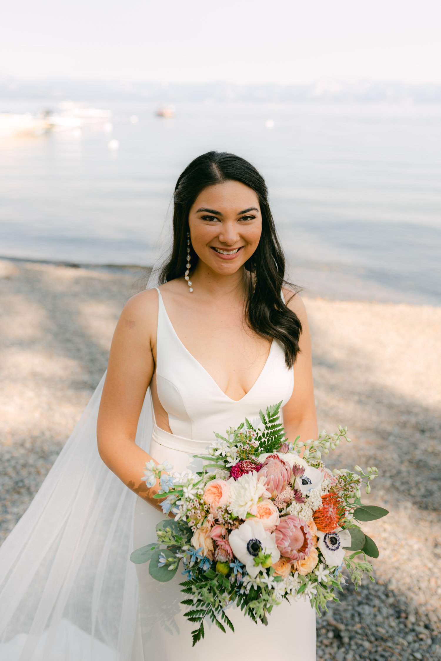 Sunnyside Tahoe Wedding, photo of a bride with her bouquet  