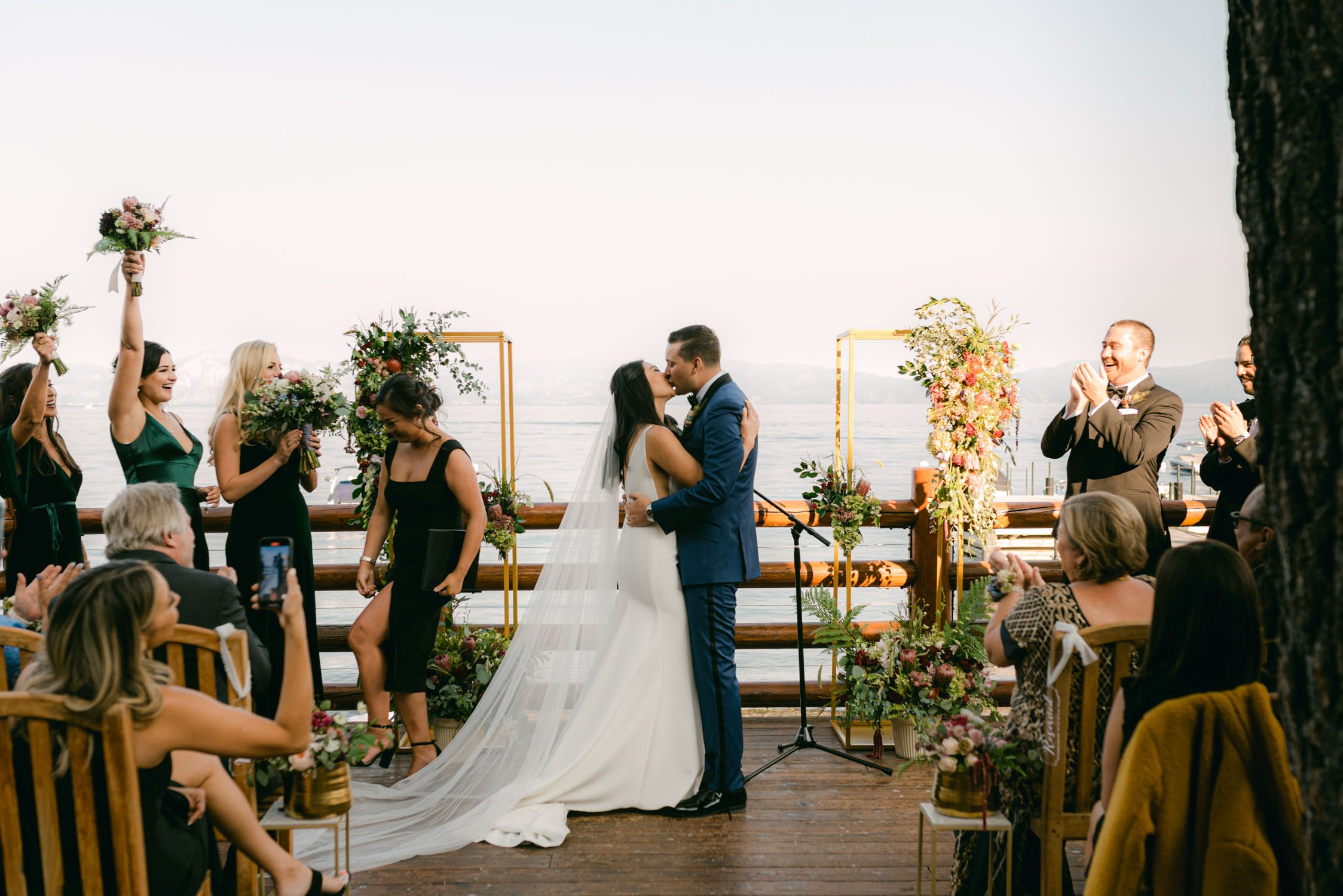 Sunnyside Tahoe Wedding, photo of couples first kiss