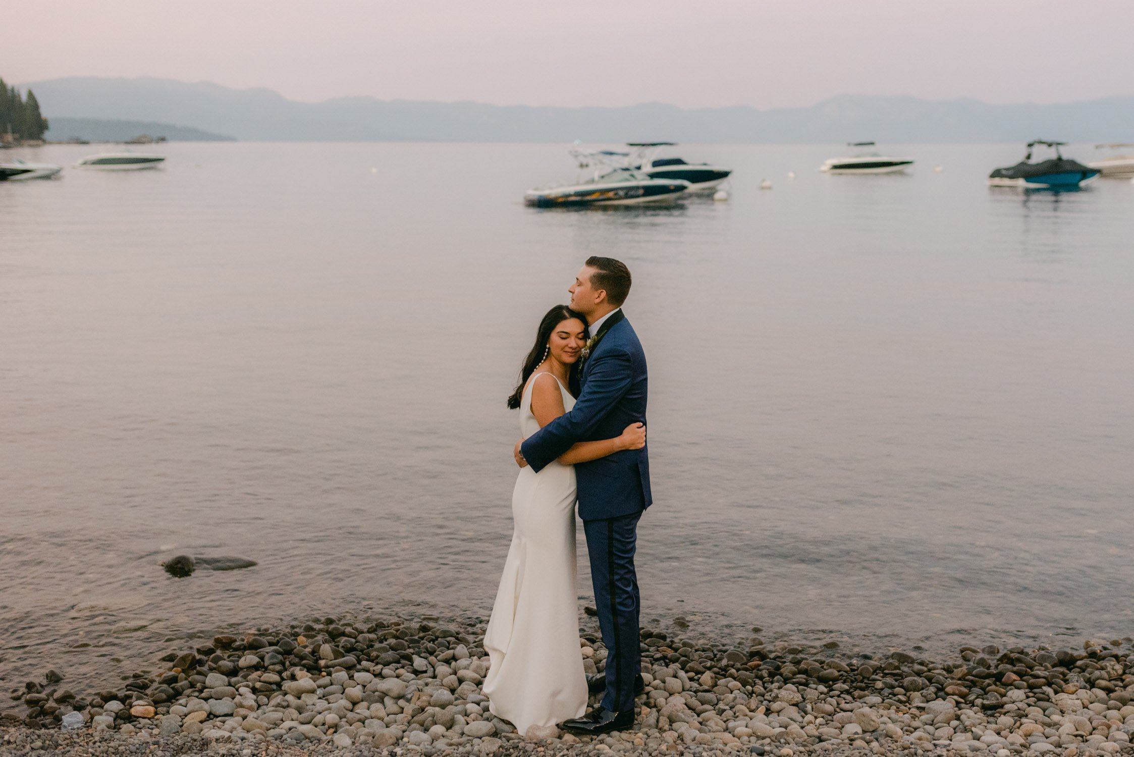 Sunnyside Tahoe Wedding, photo of couple embracing during sunset