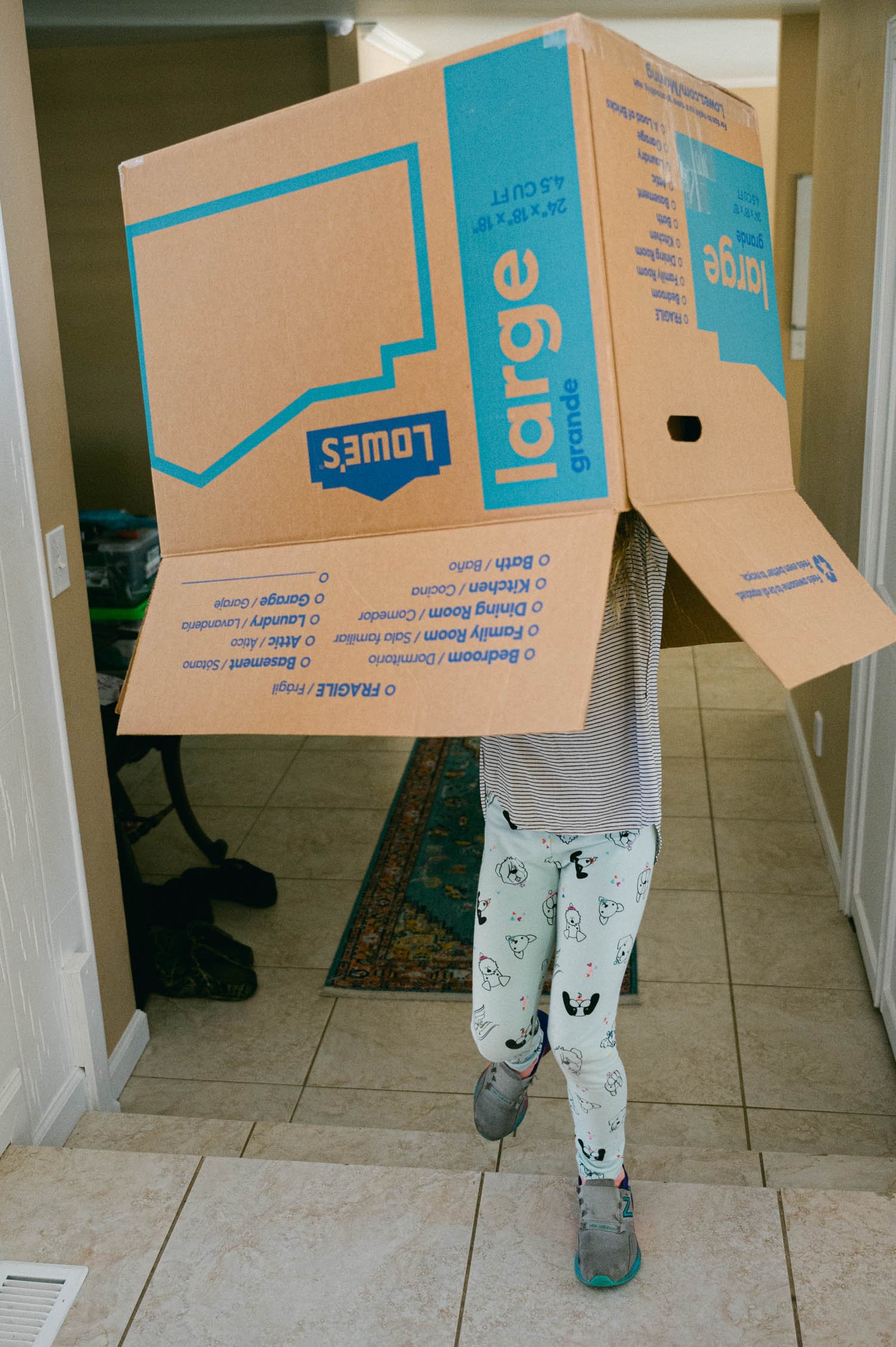 move-in photoshoot, photo of girl playing with moving boxes