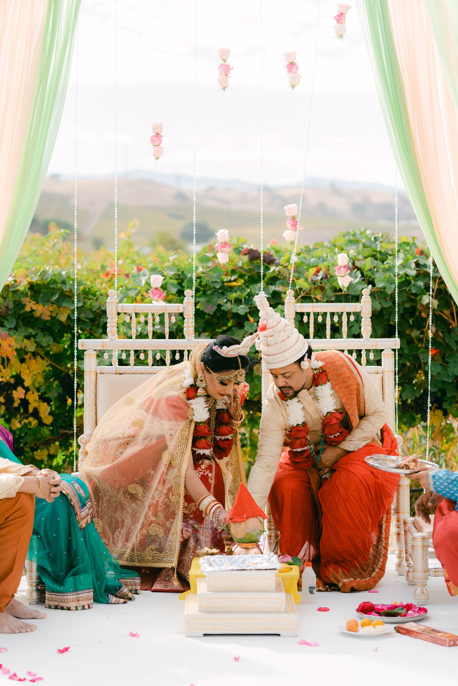 Hindu wedding ceremony at american canyon , photo of couple during the burning of fruit