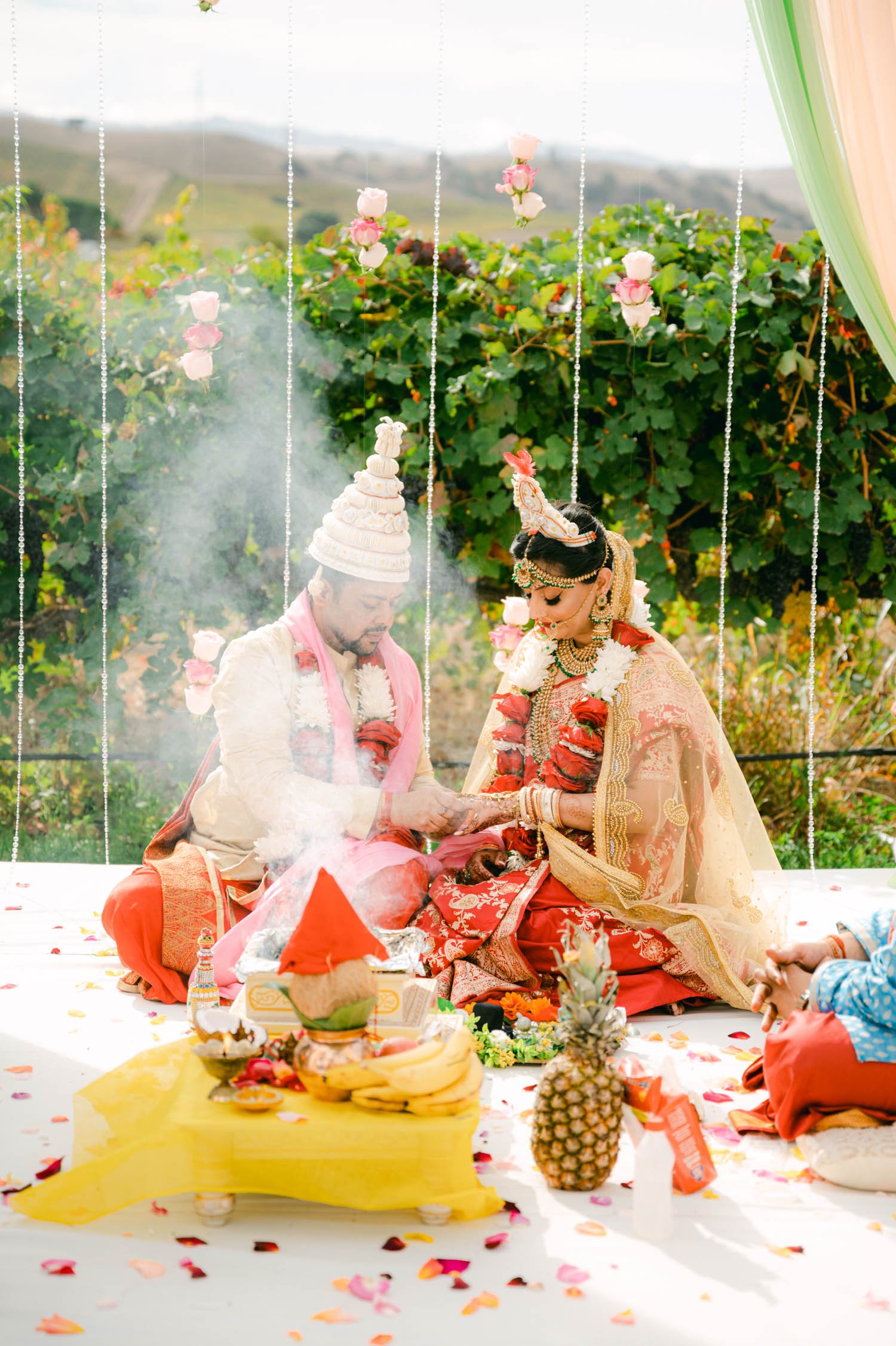 Hindu wedding ceremony at american canyon , photo of decor and fire 