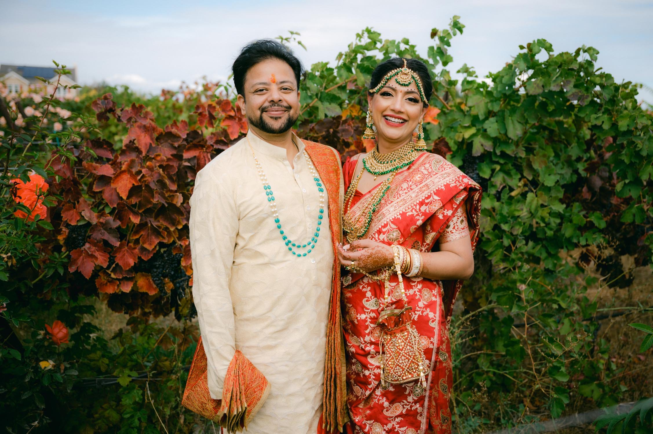 Hindu wedding ceremony at american canyon, photo of couple in the vineyard during overcast weather 