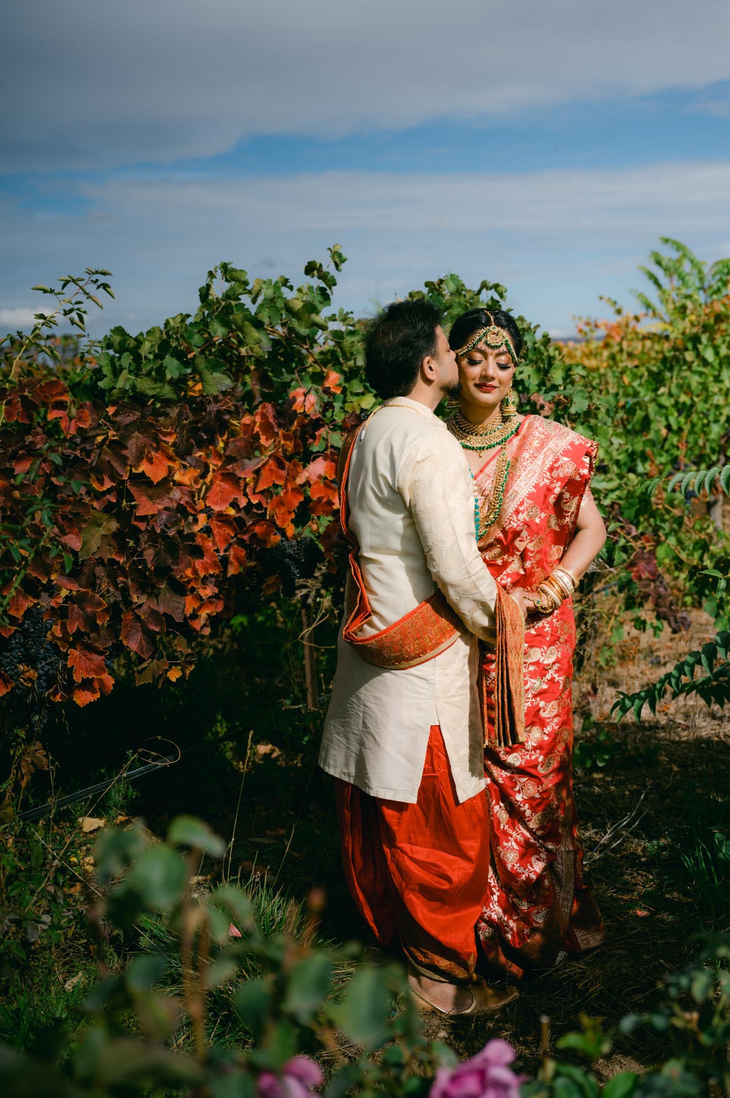 Hindu wedding ceremony at american canyon, photo of couple in the vineyard 