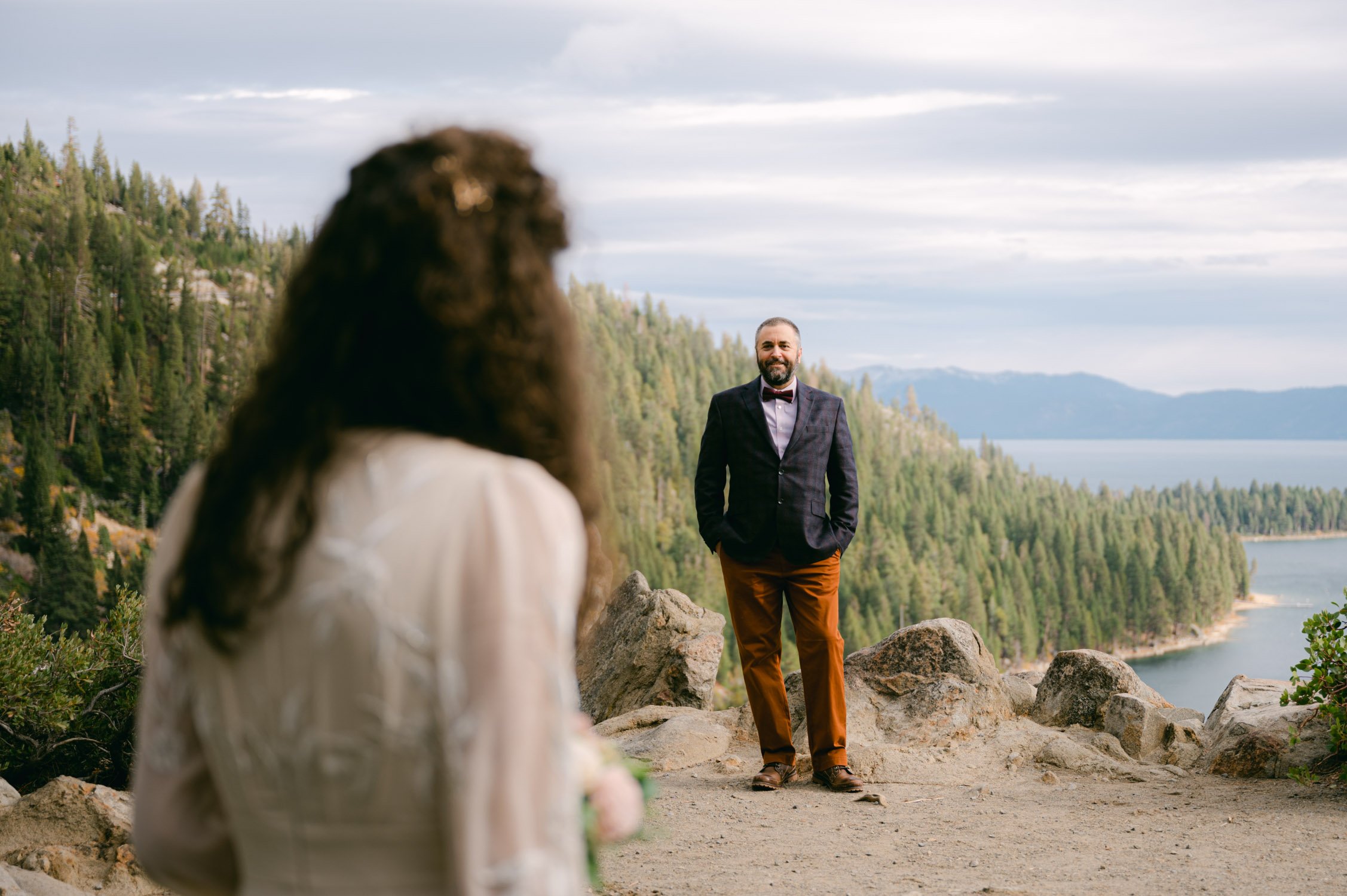 Emerald Bay Elopement, photo of a groom seeing his bride for the first time