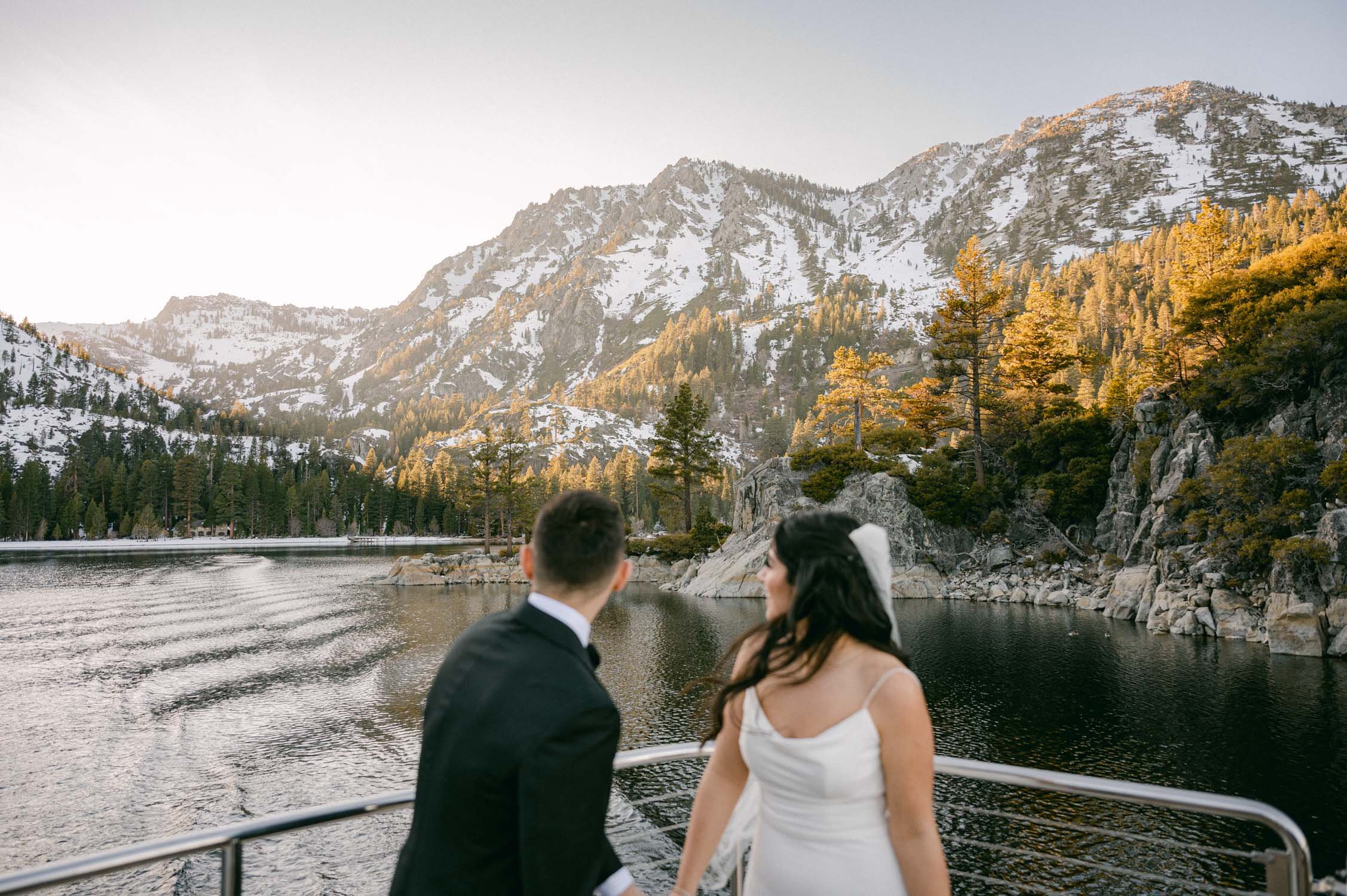 Tahoe Bleu Wave Wedding, photo of couple looking at Emerald Bay