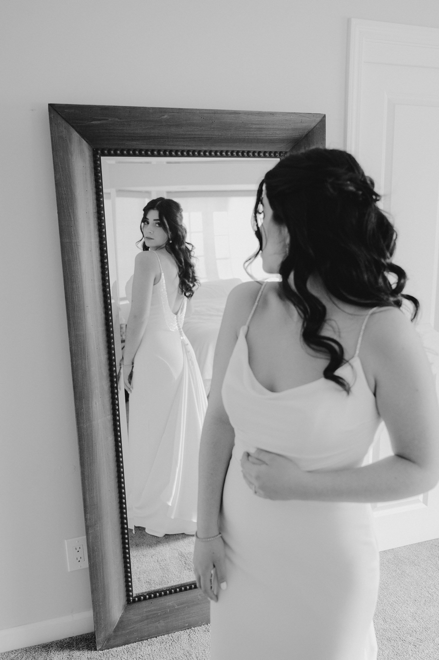 Tahoe Bleu Wave Wedding photo of bride through a mirror reflection 