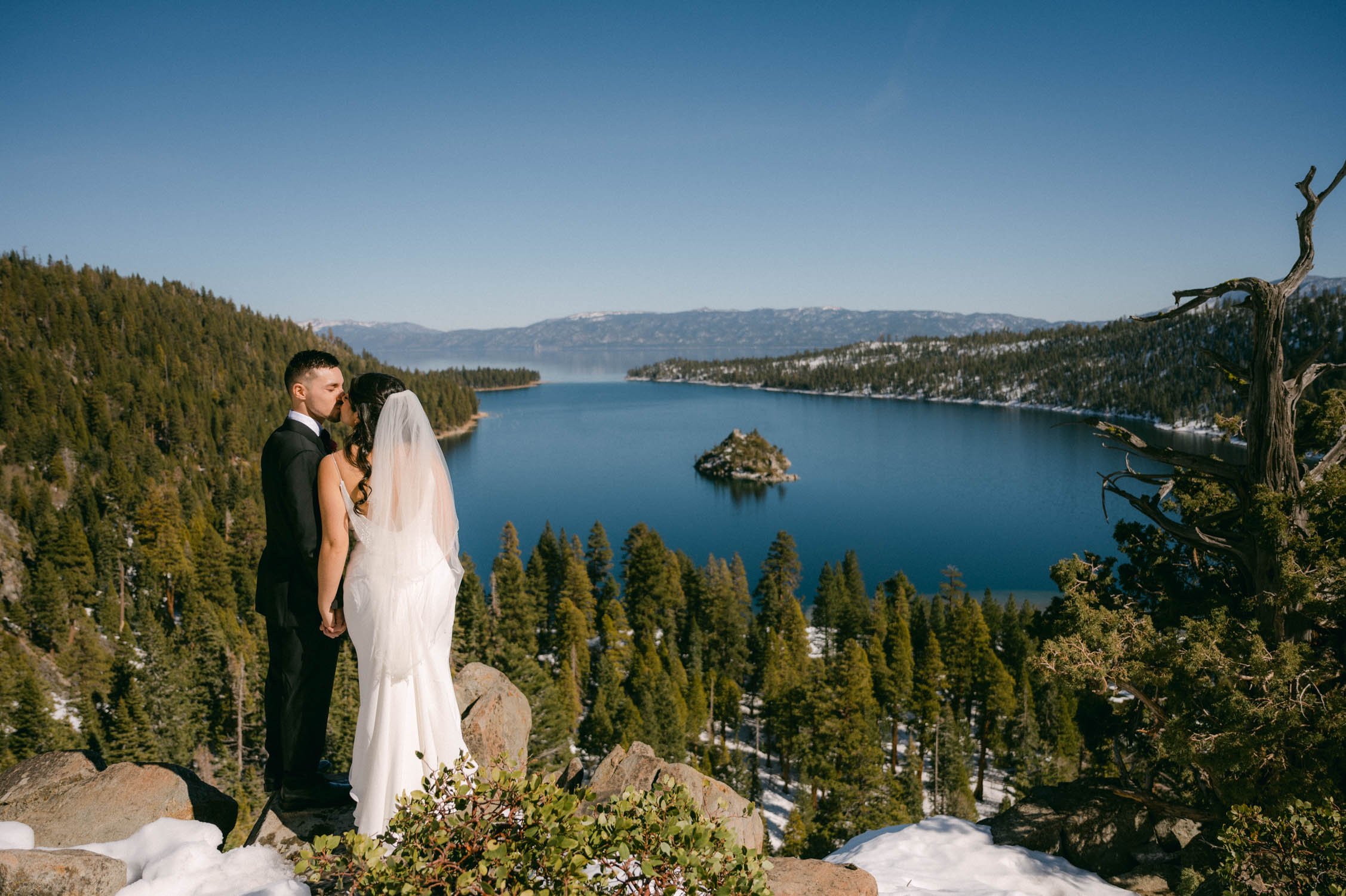 Tahoe Bleu Wave Wedding photo of couple at the ceremony spot for emerald bay