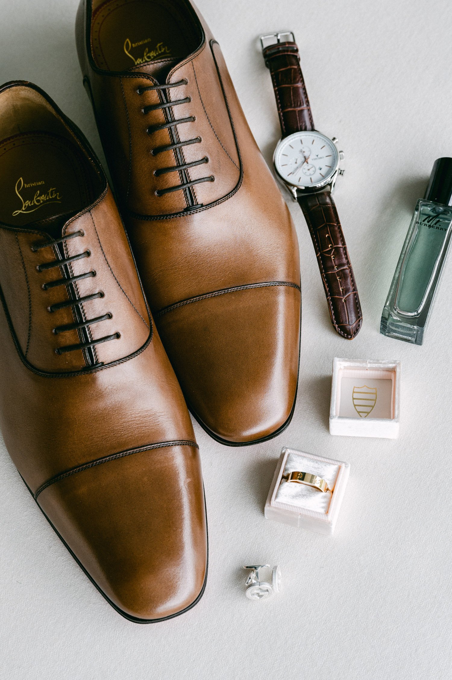 Edgewood Tahoe wedding photos, photo of groom's louis vuitton shoes and cologne 