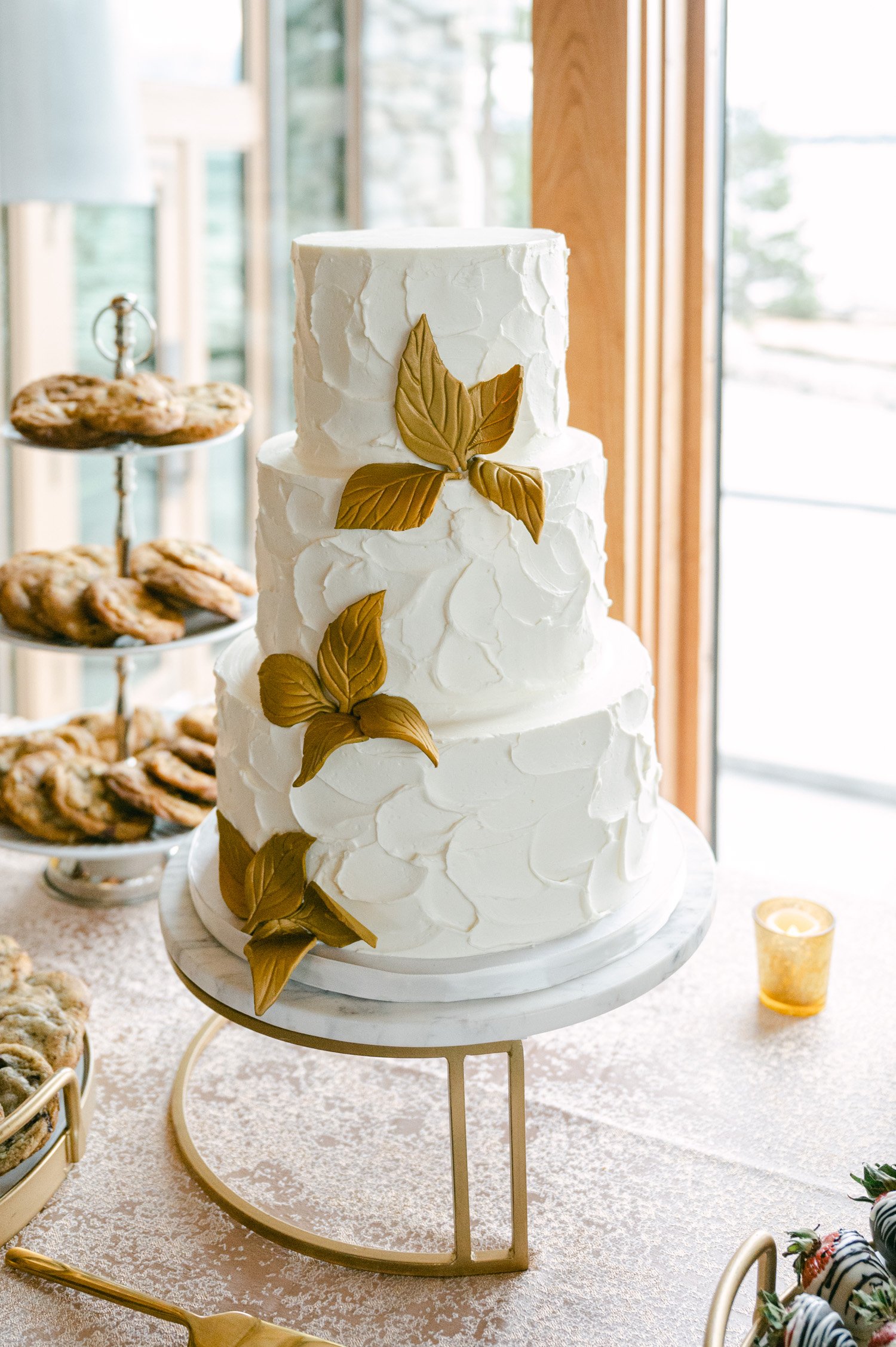 Edgewood Tahoe Wedding photos: photo of wedding cake with gold leave details