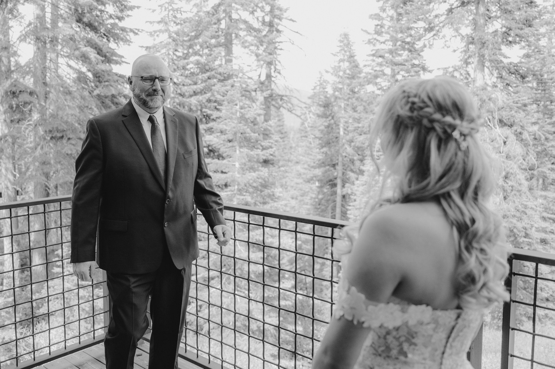 Lake Tahoe elopement, photo of bride having a first look with her dad