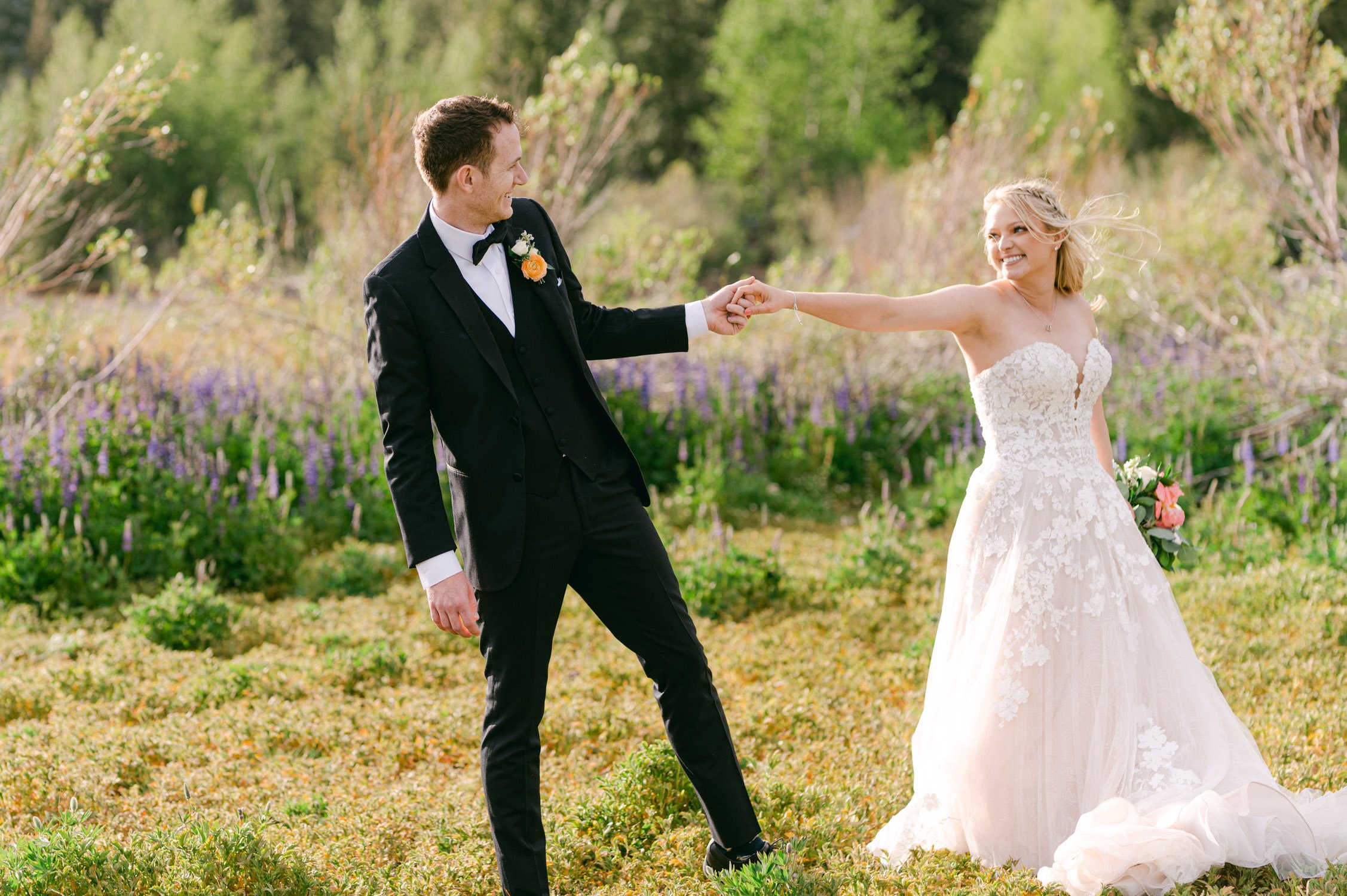 Lake Tahoe elopement photos, photo of couple dancing on the meadows