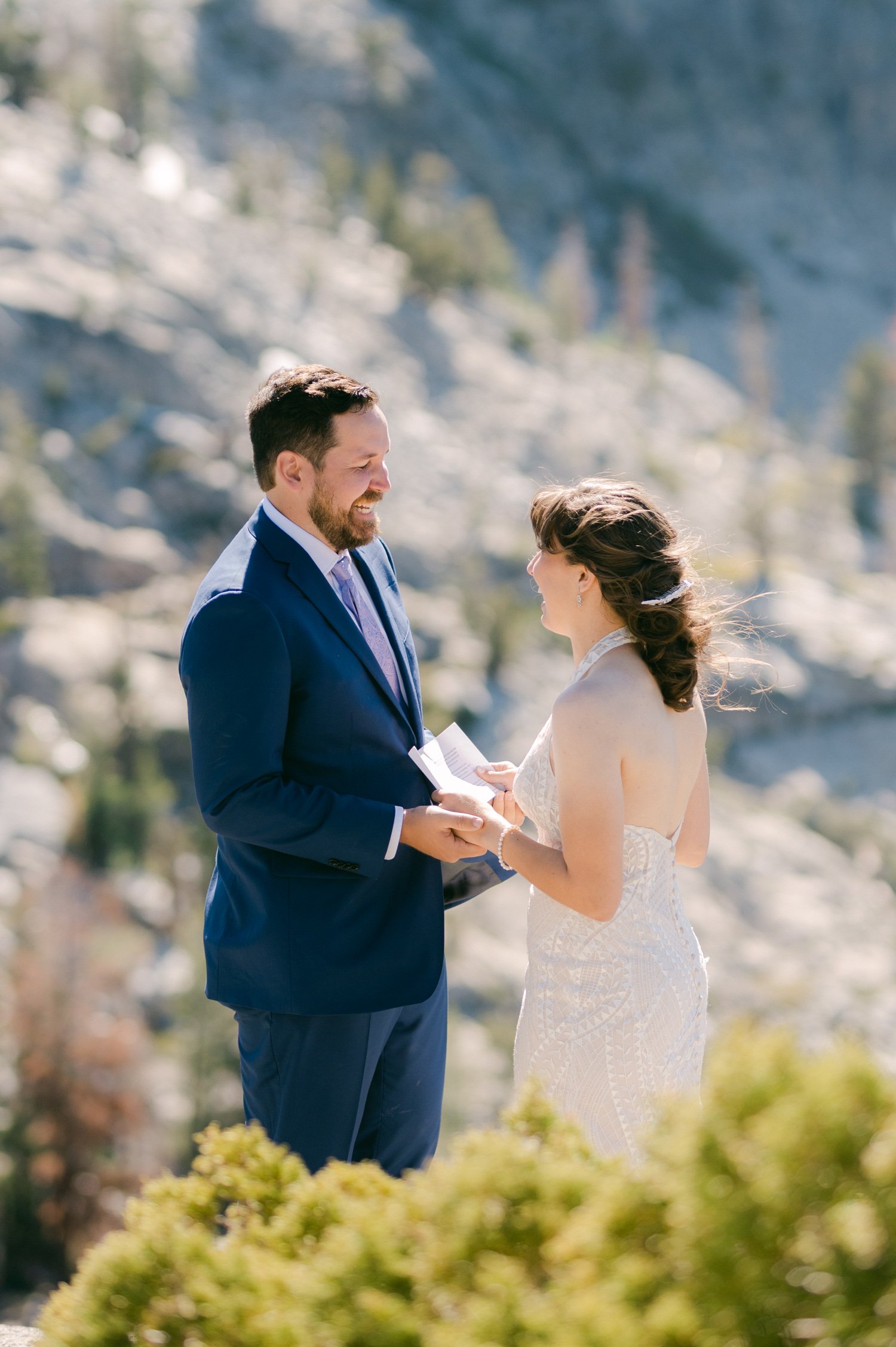 Adventure elopement in Lake Tahoe, photo of couple having a ceremony in the middle of the wilderness 
