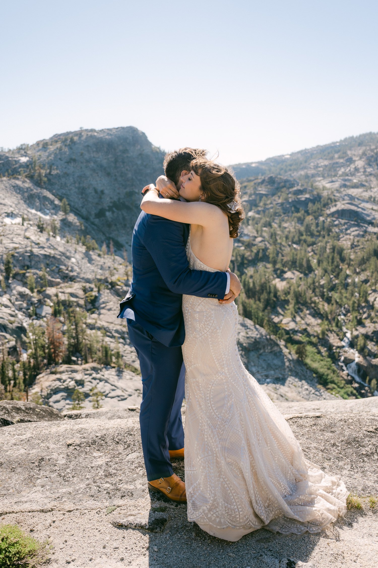 Adventure elopement in Lake Tahoe, photo of couple hugging 
