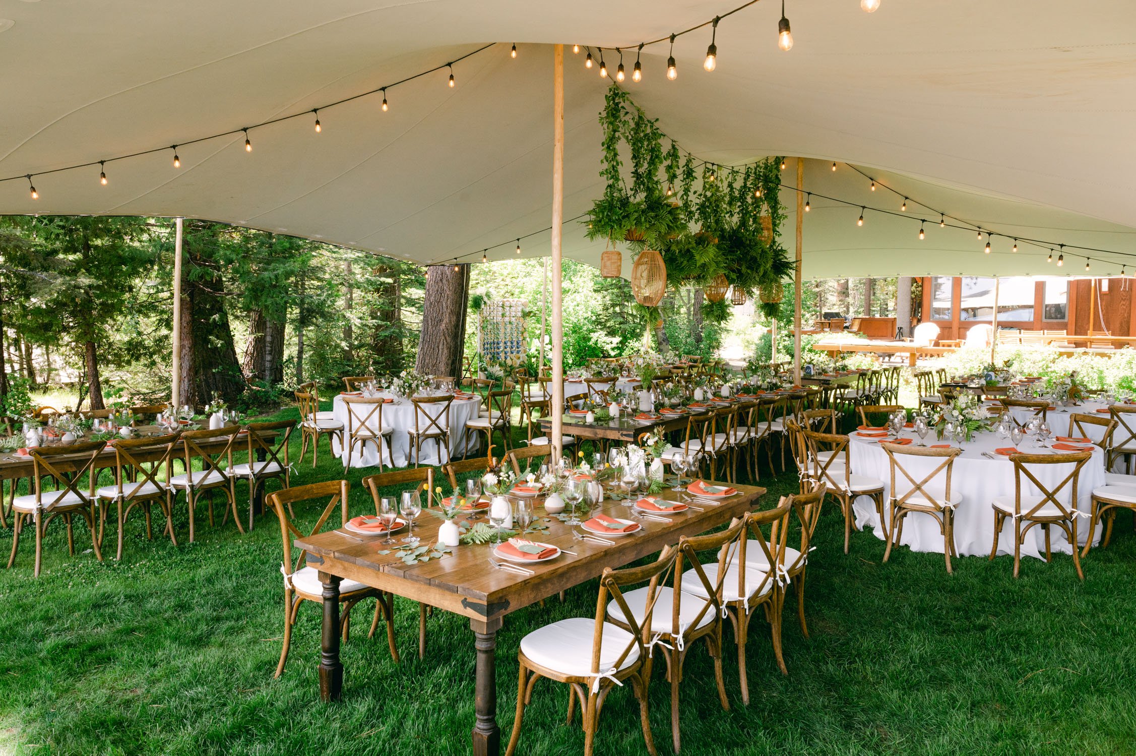 West Shore Private Estate Wedding, photo of wedding tables with garden decor