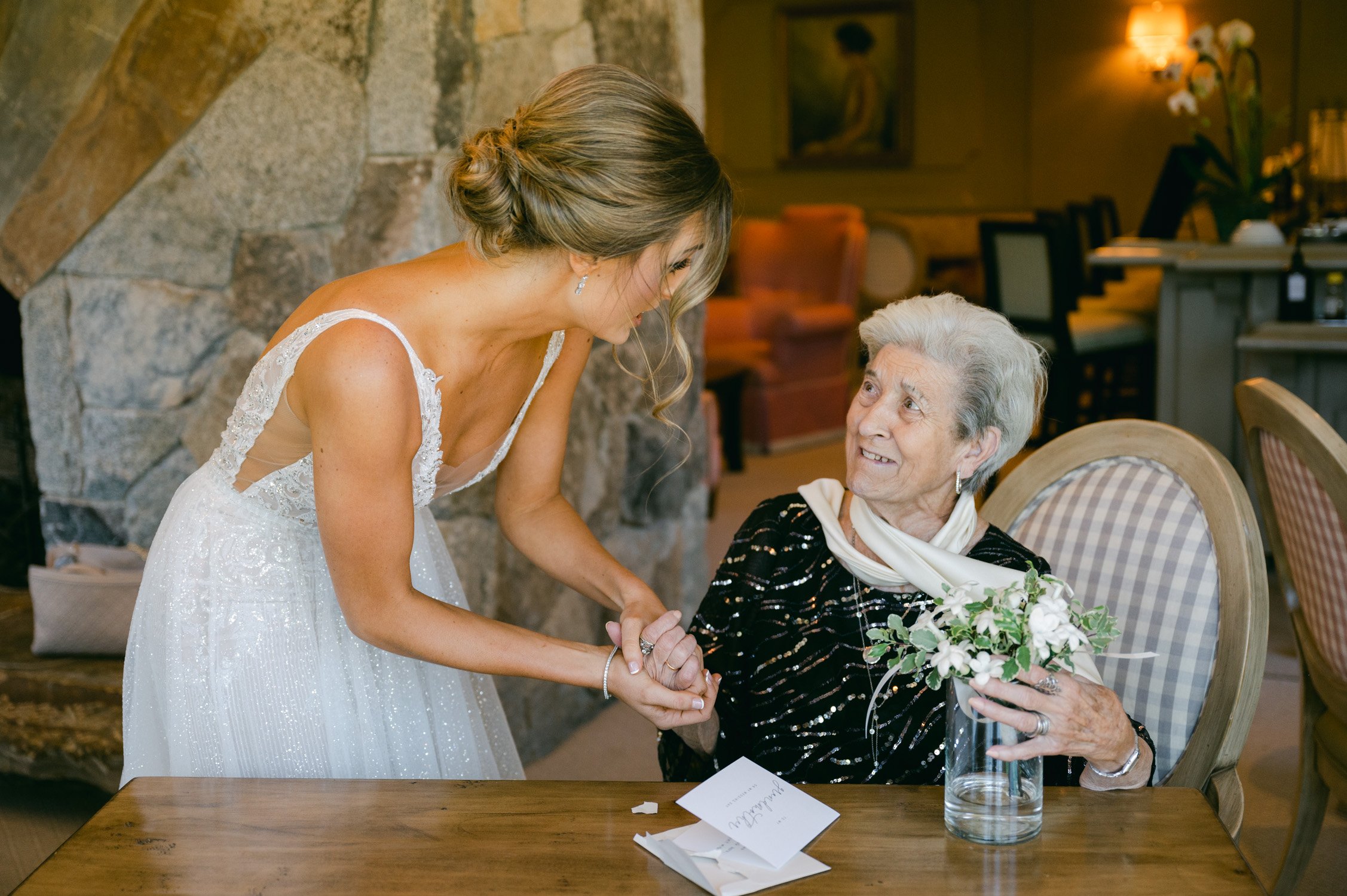 Martis Camp wedding, photo of grandma and bride sharing a moment