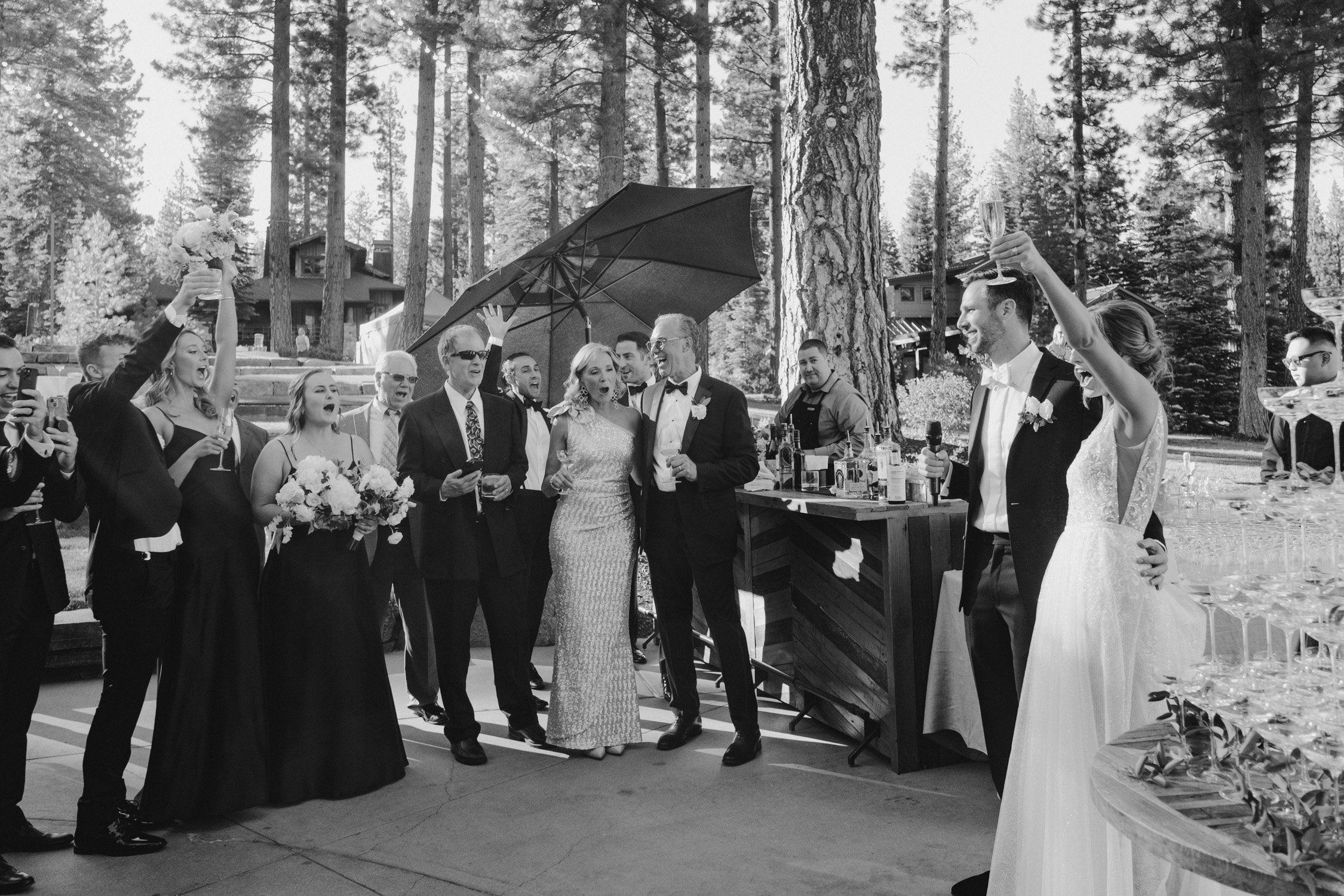 Martis Camp wedding, photo of couple and family during cocktail hour