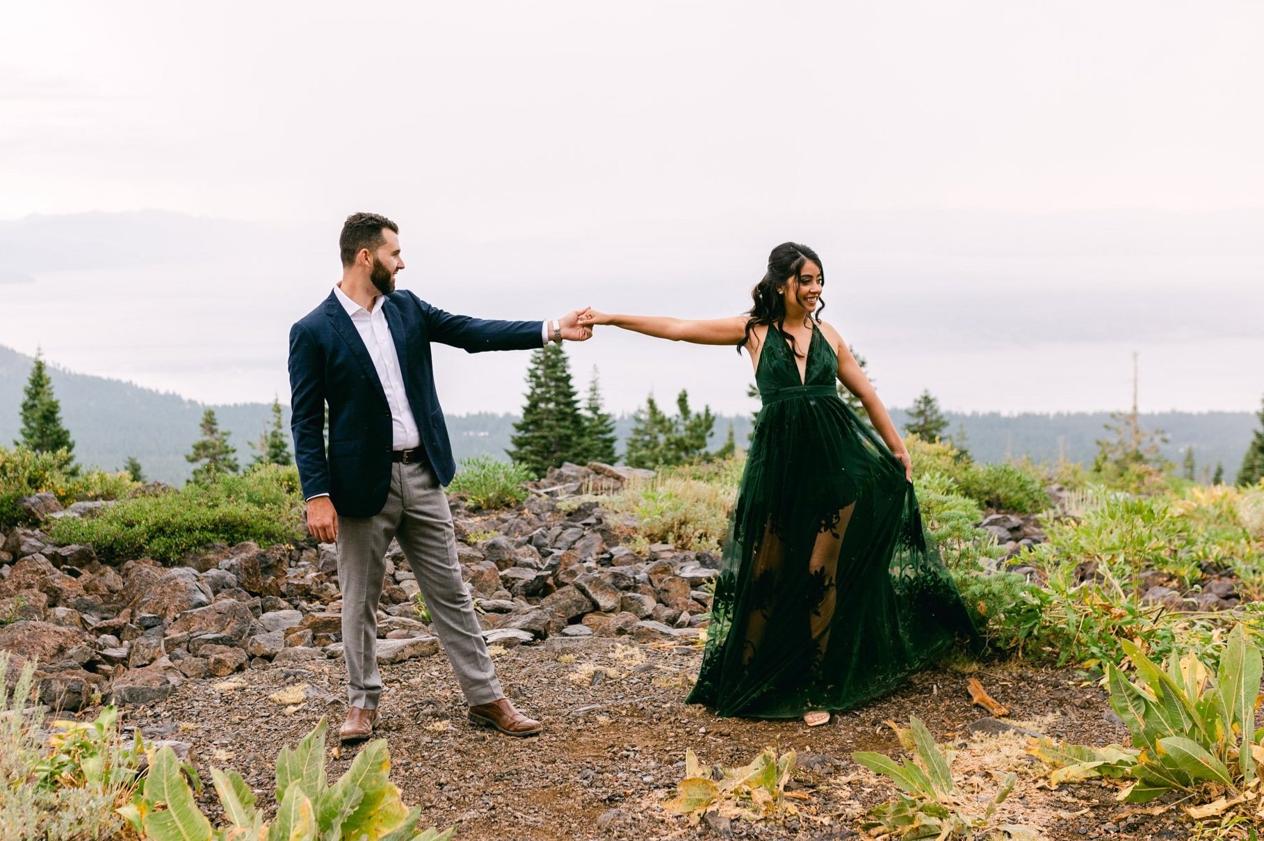 Lake Tahoe Engagement photos, photo of couple dancing in the rain