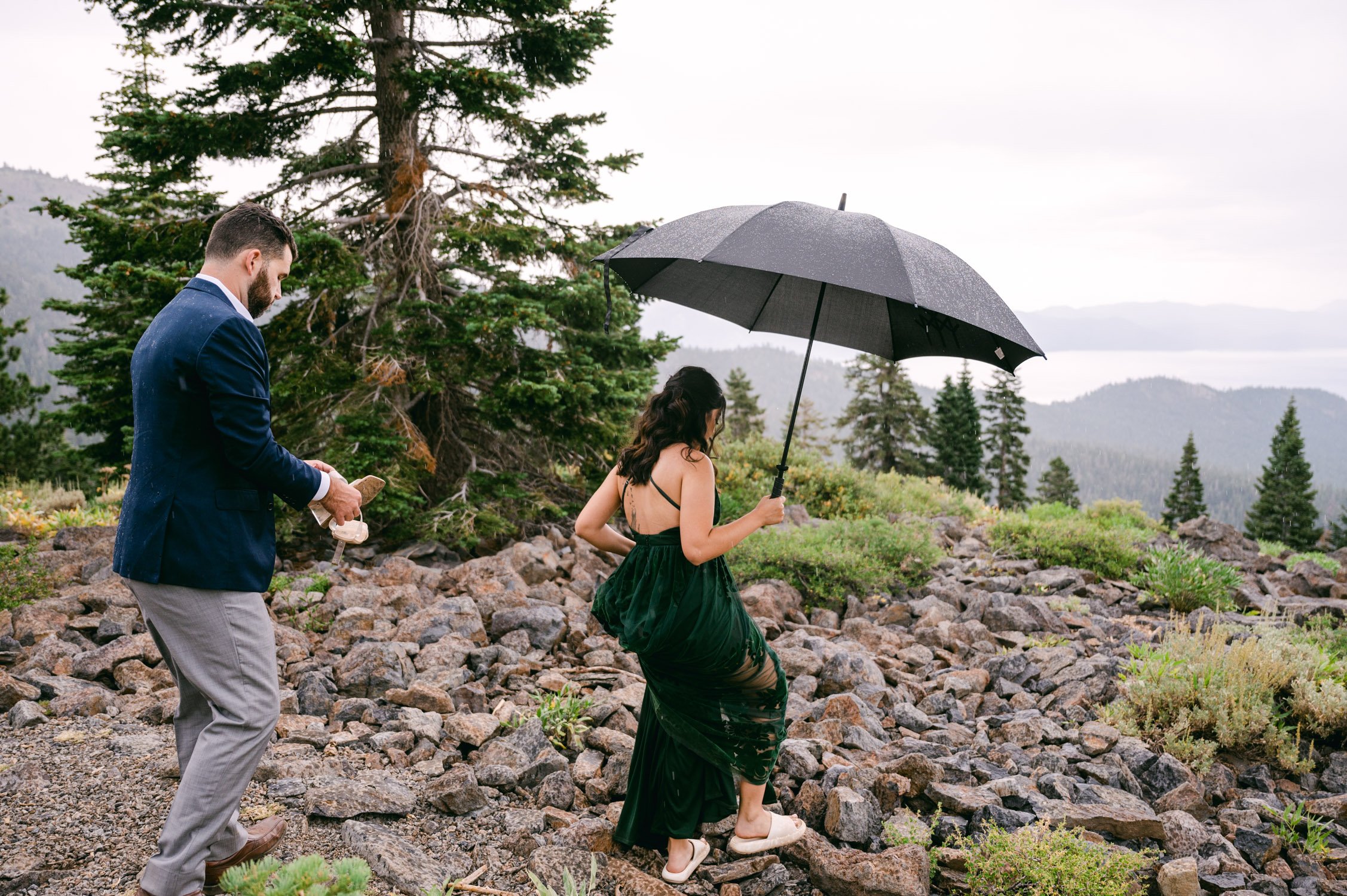 Lake Tahoe Engagement photos, photo of couple hiking to a viewpoint in Tahoe