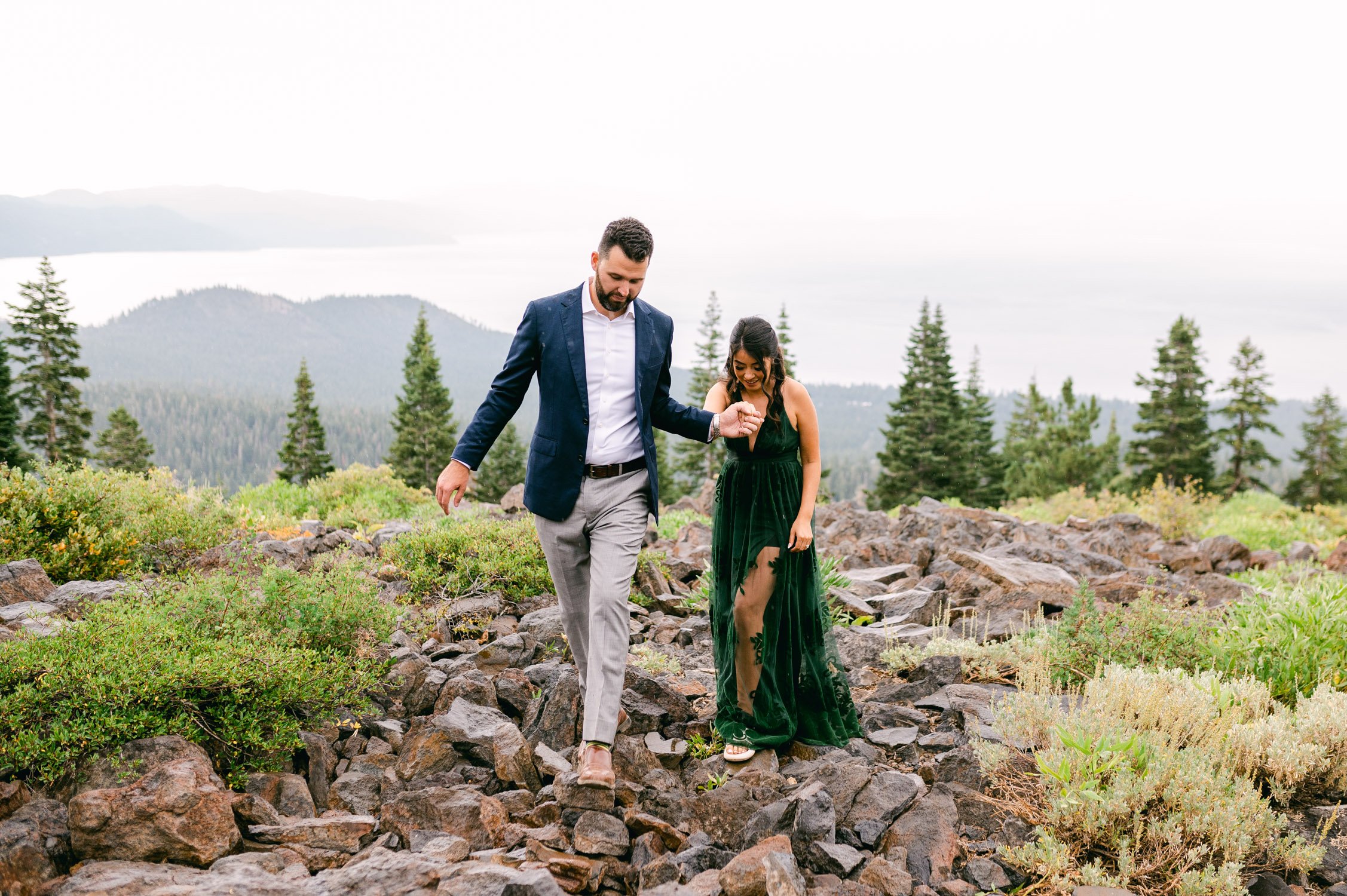 Lake Tahoe Engagement photos, photo of couple walking on rocky tahoe terrain