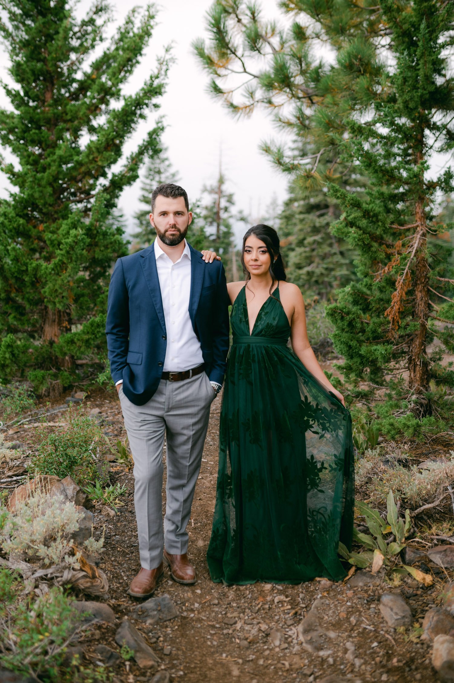 Lake Tahoe Engagement session, photo of couple standing on a trail in Lake Tahoe