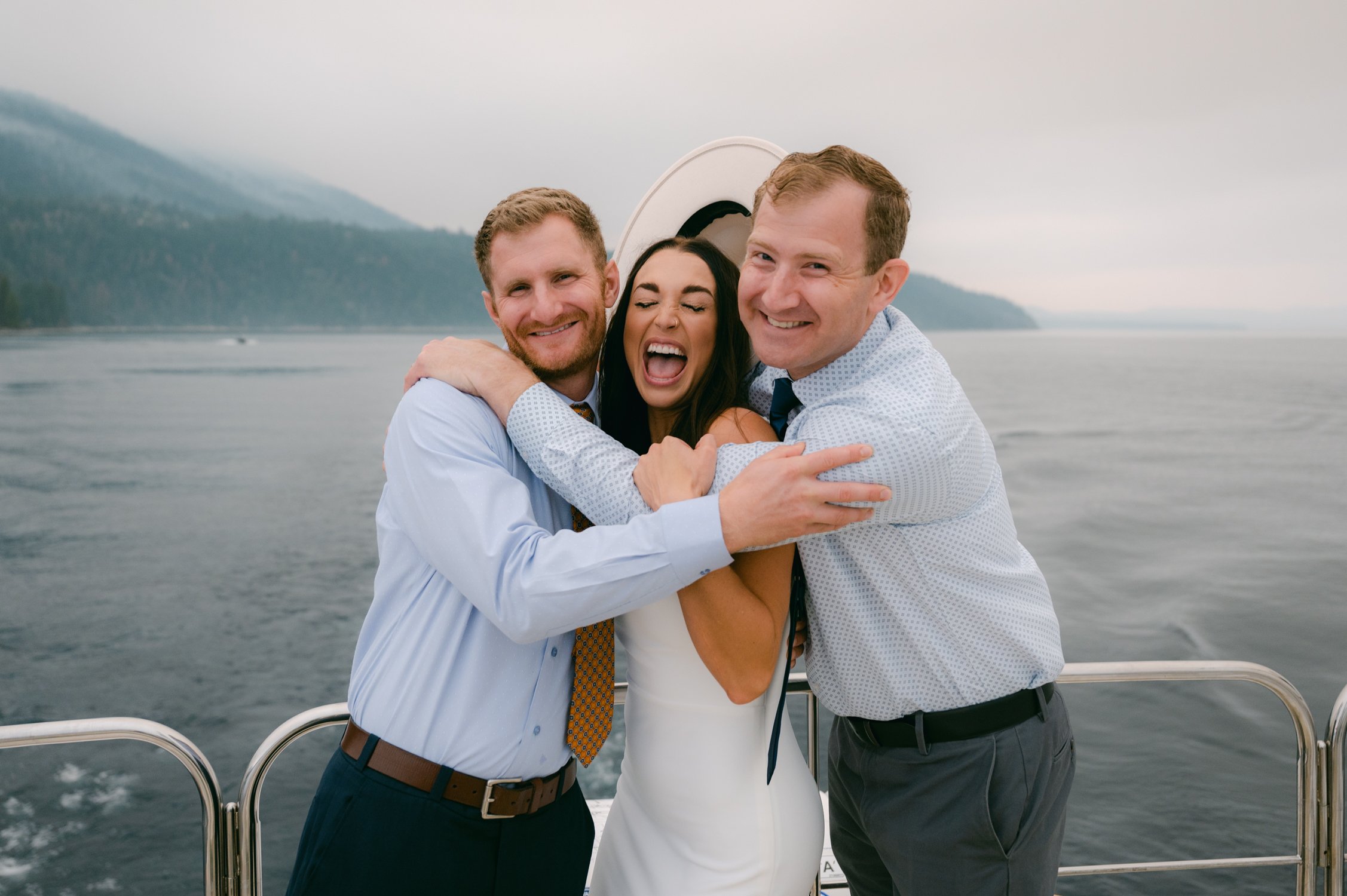 Lake Tahoe Yacht wedding, photo of couple bride with her brothers
