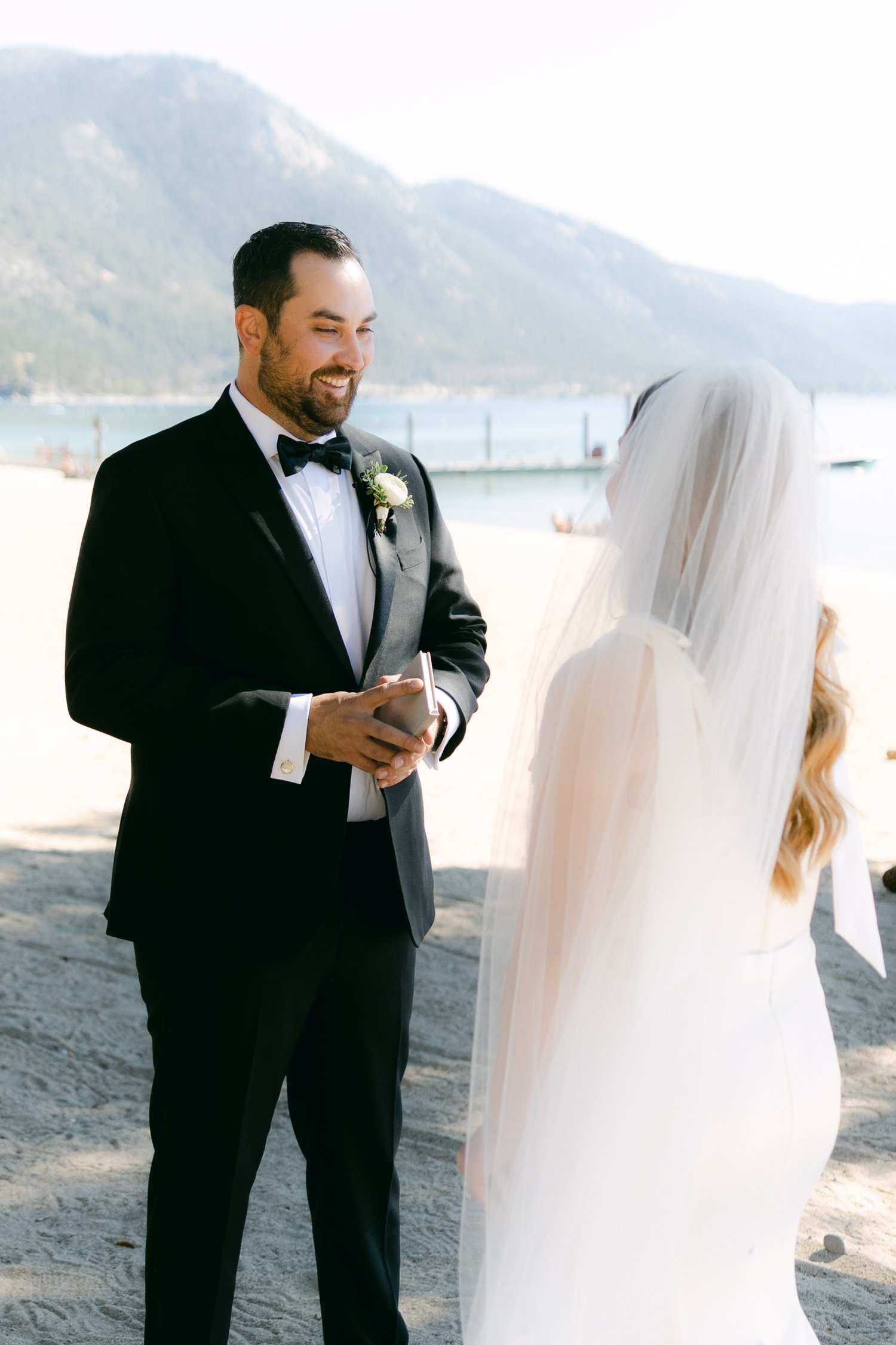 Hyatt Lake Tahoe wedding, photo of couple having a private vow reading